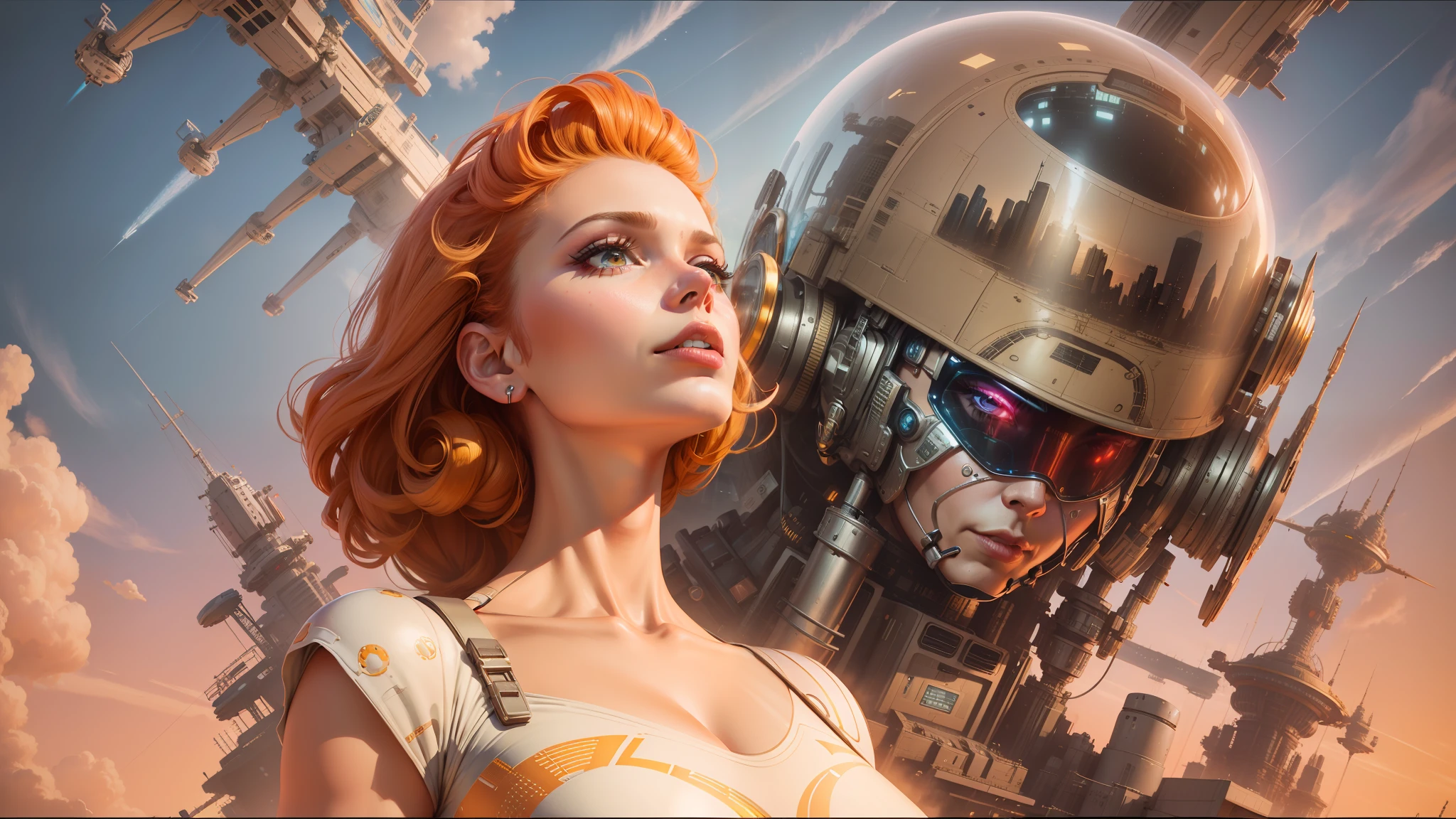 arafed woman in a dress with a futuristic city in the background, lowbrow pop surrealism, chrome robot, golden age, tokio futuristic in background, megadeth, inspired by Stevan Dohanos, trending on artstaion, gil elvgren 50mm, gigantic robot head, hyperrealist highly intricate, robotic bust, from a 2 0 1 9 sci fi 8 k movie --auto --s2