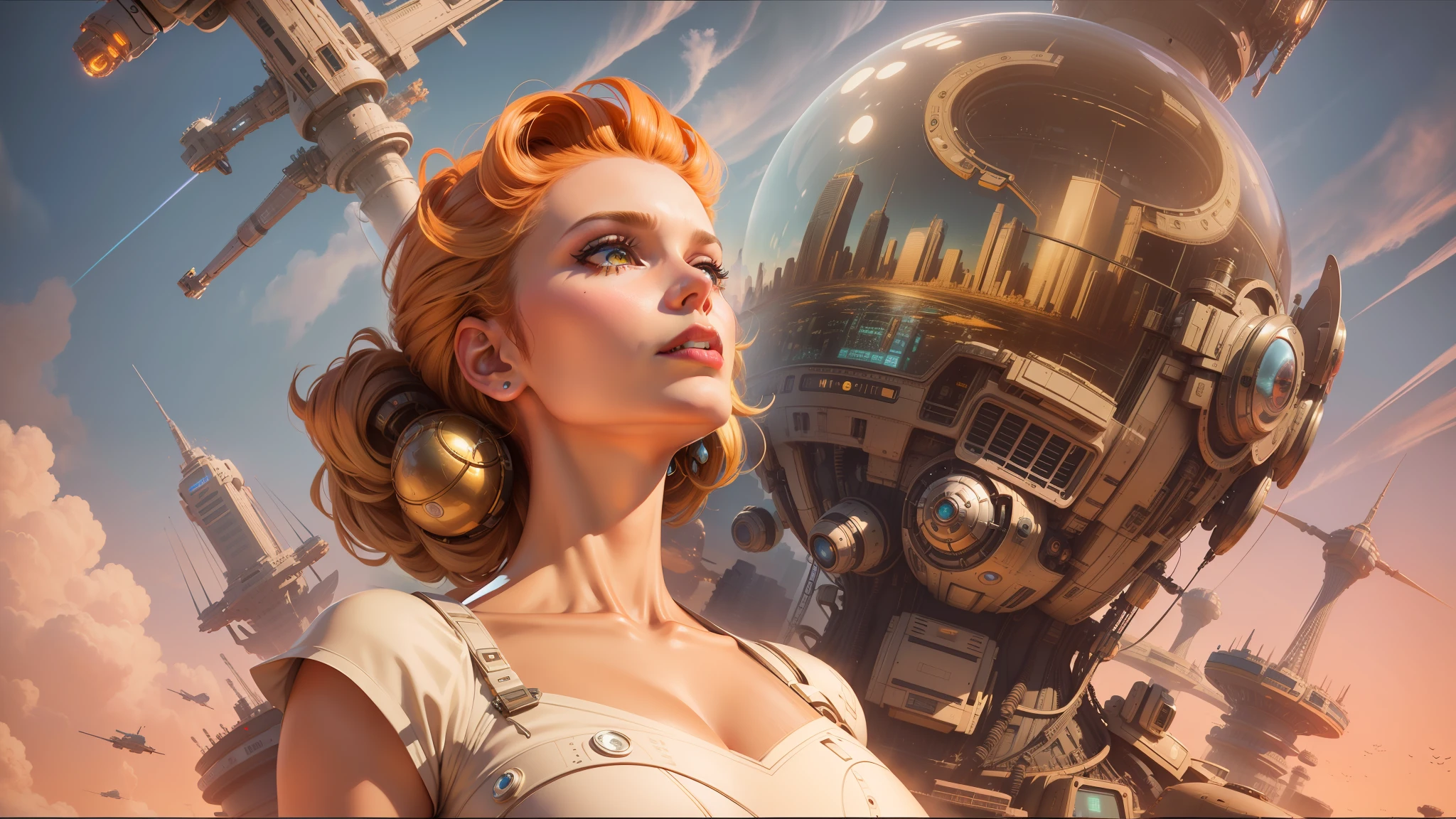 arafed woman in a dress with a futuristic city in the background, lowbrow pop surrealism, chrome robot, golden age, tokio futuristic in background, megadeth, inspired by Stevan Dohanos, trending on artstaion, gil elvgren 50mm, gigantic robot head, hyperrealist highly intricate, robotic bust, from a 2 0 1 9 sci fi 8 k movie --auto --s2