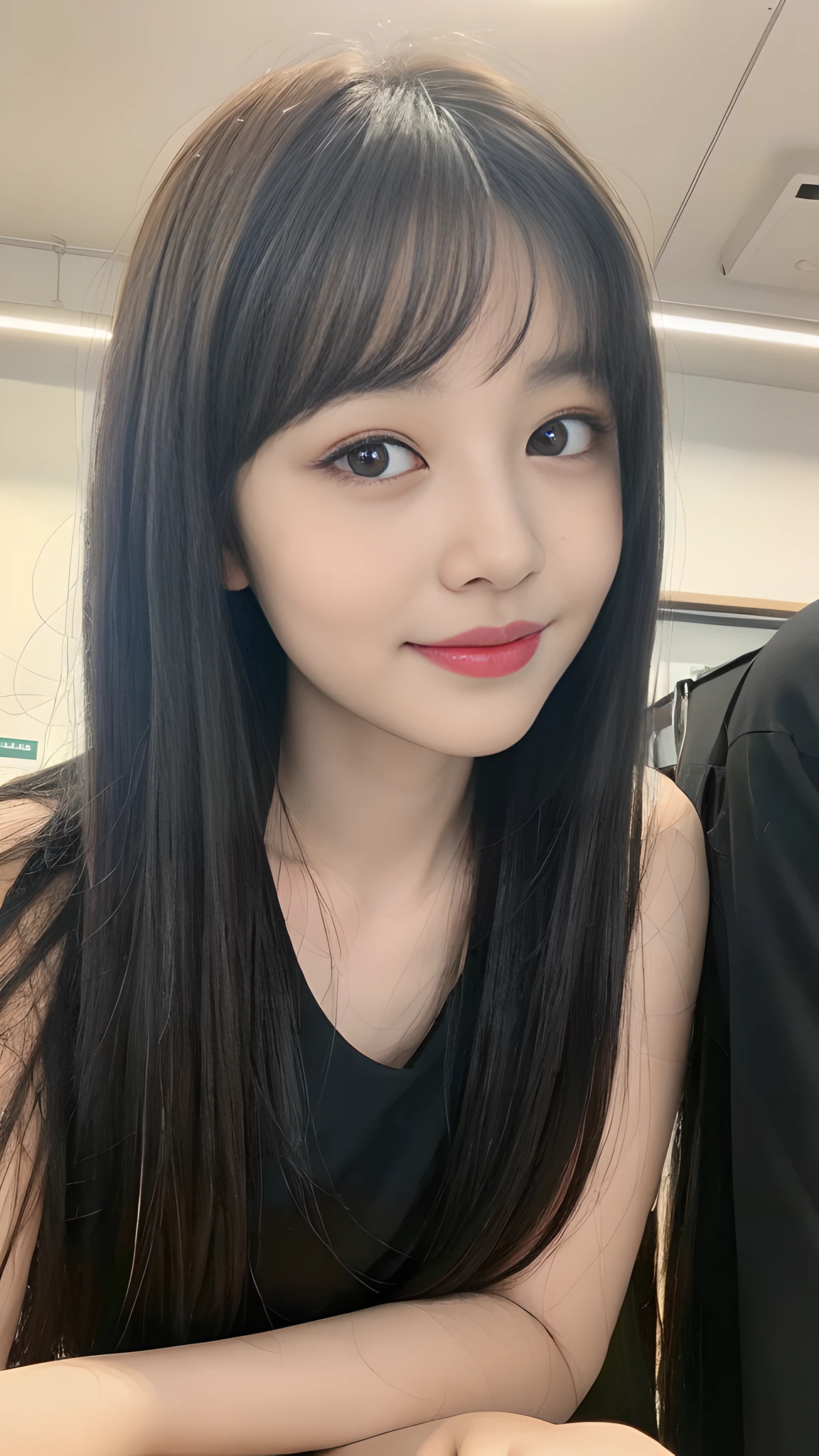 ((Best Quality, 8K, Masterpiece:1.3)), A beautiful girl, pure, melon face, gentle and cute, thin figure, facing right, head to right, lips closed, upper body leaning forward, [school uniform::0], [formal::0], [suit::0] black silky long hair, round black big eyes, clear big eyes, moist red lips, sweet smile, sitting, classroom background,