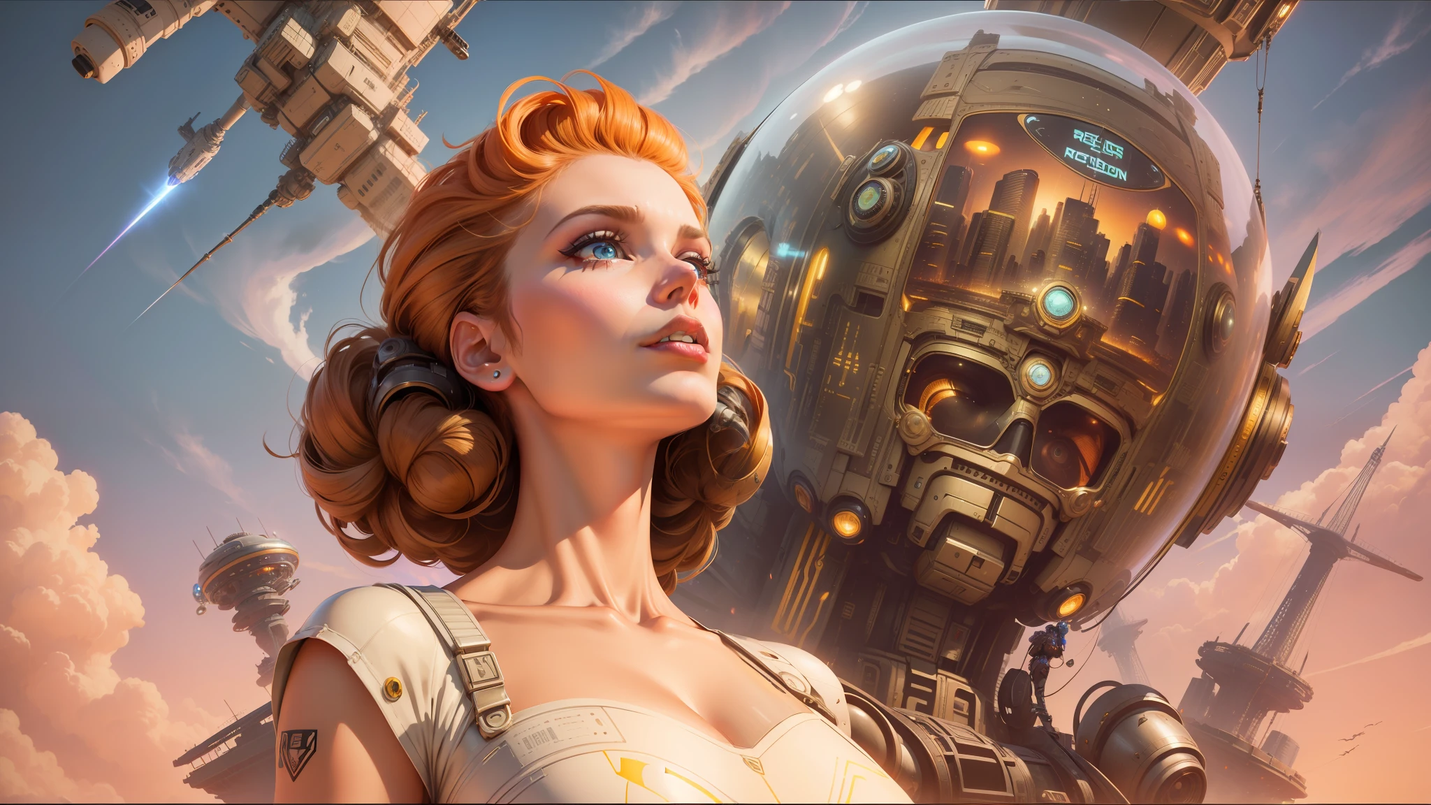 arafed woman in a dress with a futuristic city in the background, lowbrow pop surrealism, chrome robot, golden age, tokio futuristic in background, megadeth, inspired by Stevan Dohanos, trending on artstaion, gil elvgren 50mm, gigantic robot head, hyperrealist highly intricate, robotic bust, from a 2 0 1 9 sci fi 8 k movie --auto --s2