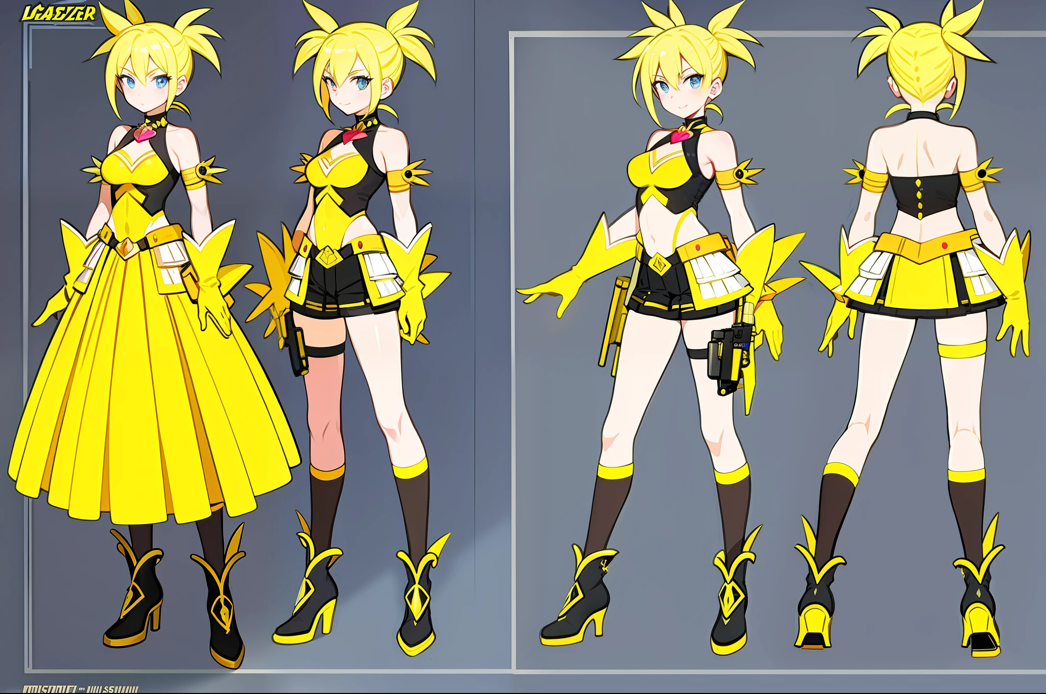 masterpiece,(best quality) magical girl,Lazer gun, yellow, spikey hair, medium sized breasts,( ( character concept art ) )