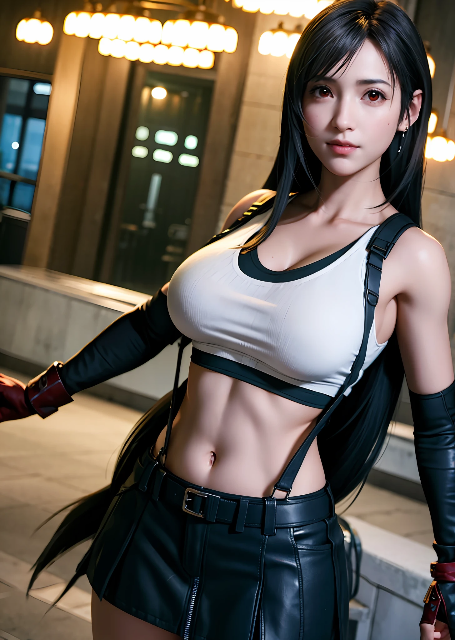 (Photorealistic: 1.4), top quality, very delicate and beautiful, high resolution, 1girl, tifa_lockhart, smile, cowboy shot, suspenders, low rise, mini skirt, tank top, tense shirt, black hair, long hair, elbow gloves, beautiful detailed red eyes, face light, movie lighting, navel, high exposure, abdomen exposure, ribs, abs, ( gigantic breasts: 1.2), dynamic poses, dynamic angles,