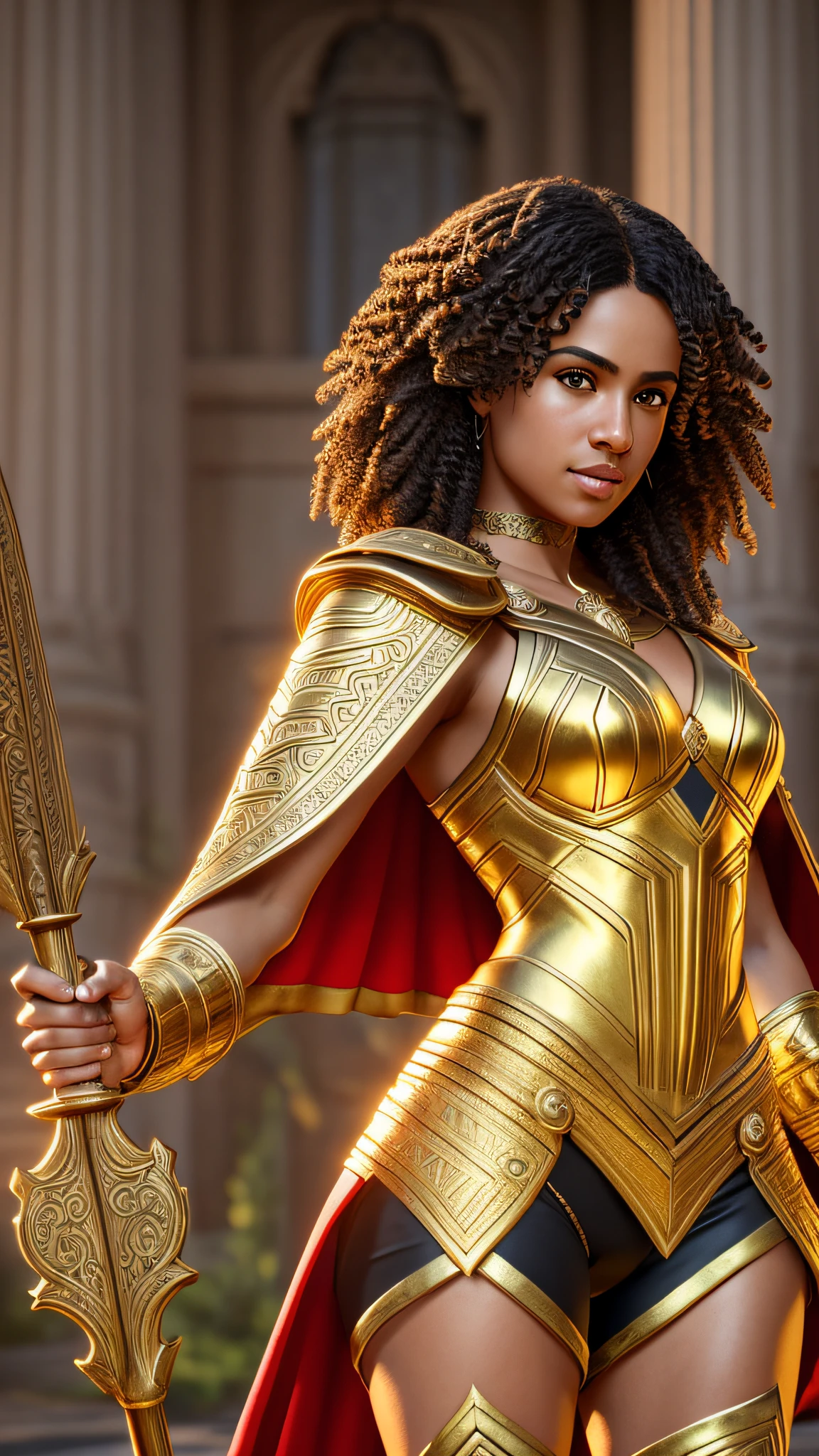 beautiful girl, light brown skin, subtle makeup, golden hour, short black hair, looking forward, photorealistic, high contrast, 8k HD, detailed, hyper-detailed, realistic skin texture, large body, large waist of 70 cm, dark hair, short and curly hair, very small chest best quality, ultra high res, raw photo, dramatic lighting, unreal engine, intricate diffuse glow golden tunic, Red cape, spear, illuminated Greek scenery, perfectly detailed arms and hands, extremely detailed crossed arms, strong arms, epic --auto --s2