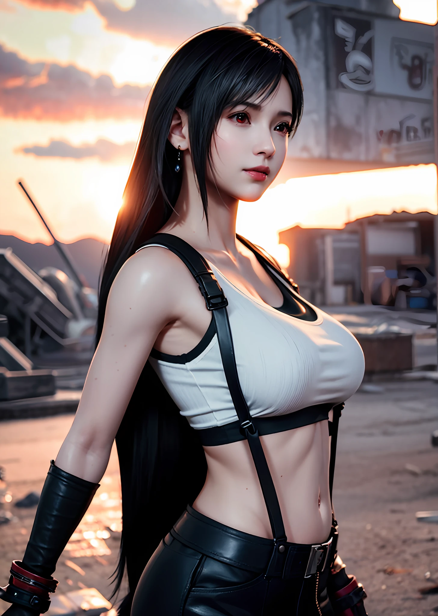 (Photorealistic: 1.4), top quality, very delicate and beautiful, high resolution, 1girl, tifa_lockhart, smile, cowboy shot, suspenders, low rise, mini skirt, tank top, tense shirt, black hair, long hair, elbow gloves, beautiful detailed red eyes, face light, movie lighting, navel, high exposure, abdomen exposure, ribs, abs, ( gigantic breasts: 1.2), dynamic poses, dynamic angles,