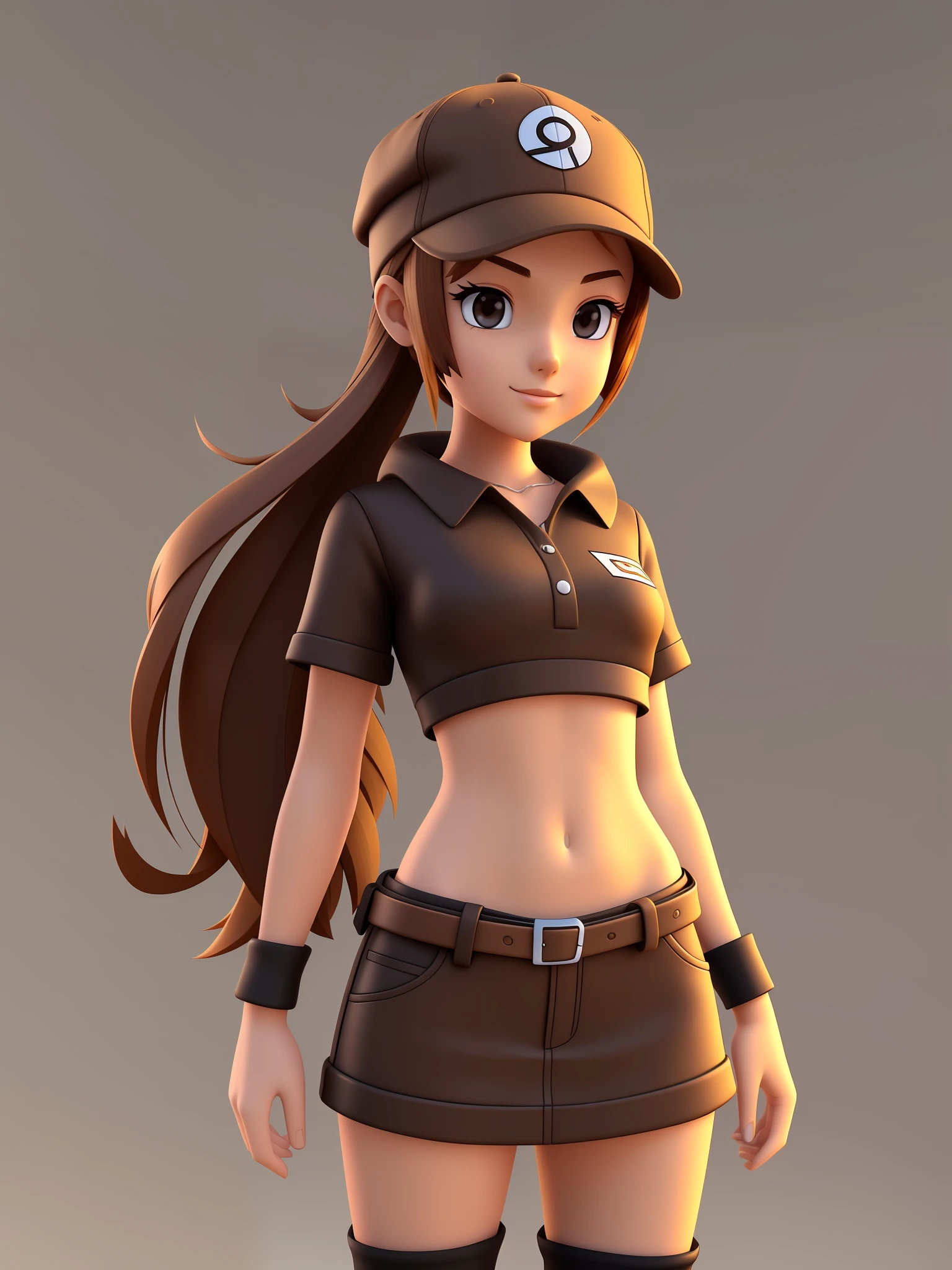 Young girl, a cartoon character wearing a light brown cap, (((brown eyes)))), stylized character, animation character, stylized 3d render, 3d character, highly detailed character, stylized anime, stylized 3d, render character, character model, full body