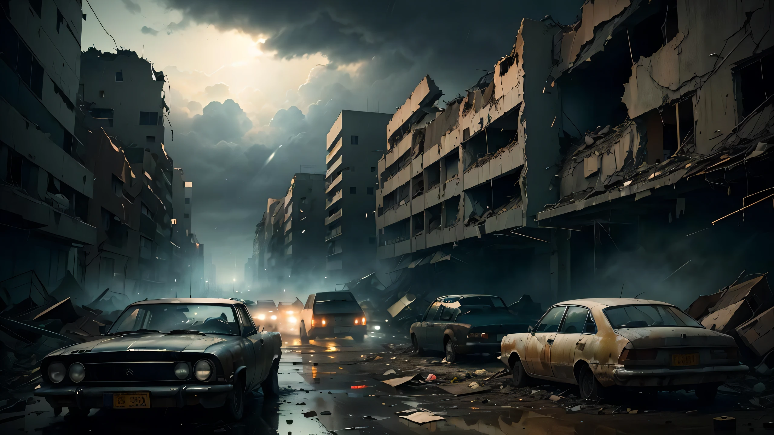 night, inside of destroyed city view, ruins, dark cloud, a lots of broken cars, no humans, raining day, ((apocalyptic)), (masterpiece:1.3), (best_quality:1.3), (ultra_detailed:1.3), 8k, extremely_clear, realism, (ultrarealistic:1.3),