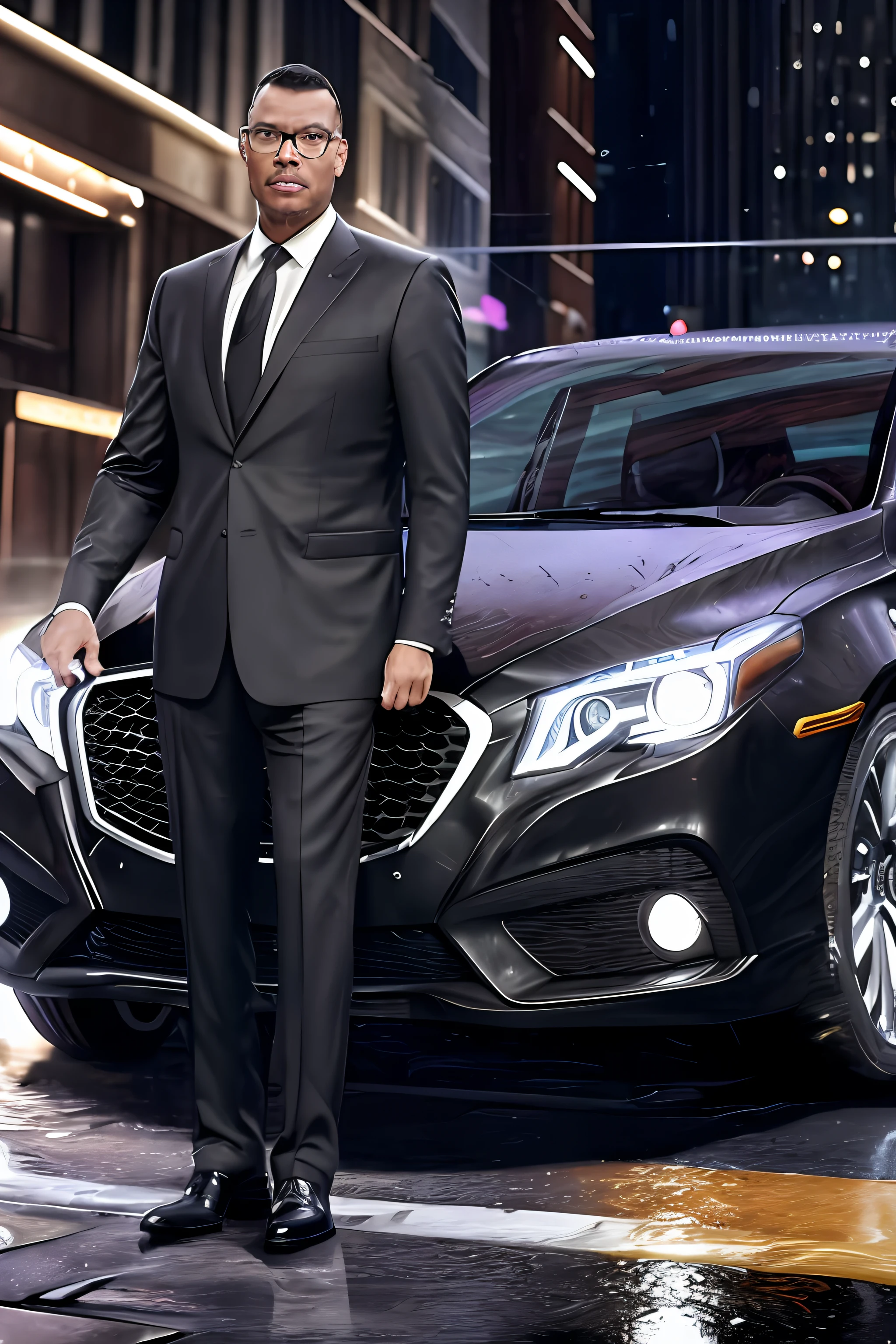 GuttonerdVision3, a man in glasses and black suit, detailed face, standing next to a silver gray sedan car, luxurious, on a street with wet floor, night, illuminated buildings. Realistic drawing, unreal engine, background blur, 8k, very detailed, strokes of designer alex ross.