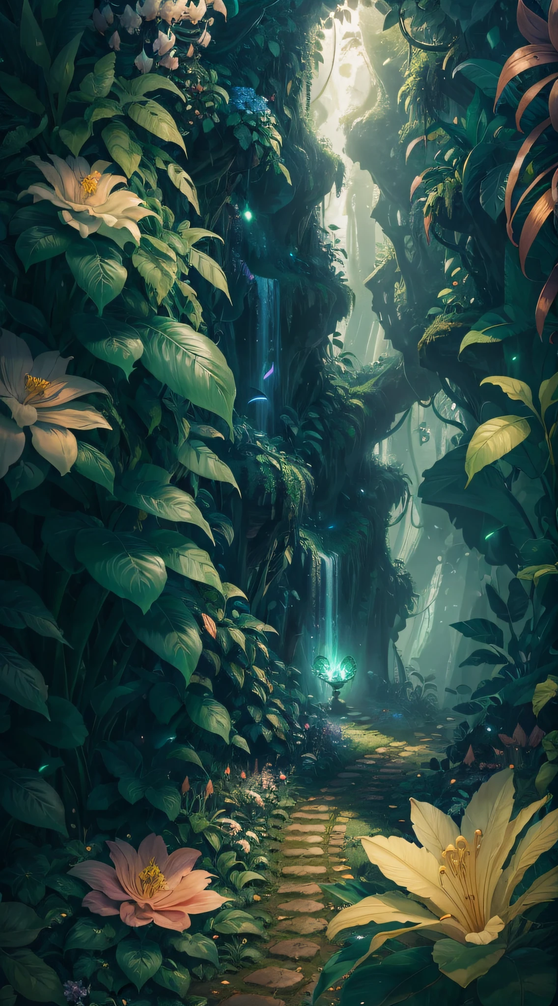 (mega detailed CG unity 8k wallpaper, artwork), high contrast, thick fog, jungle, emerald greenery, magical lighting, leaf cutter, crown of flowers. --auto --s2