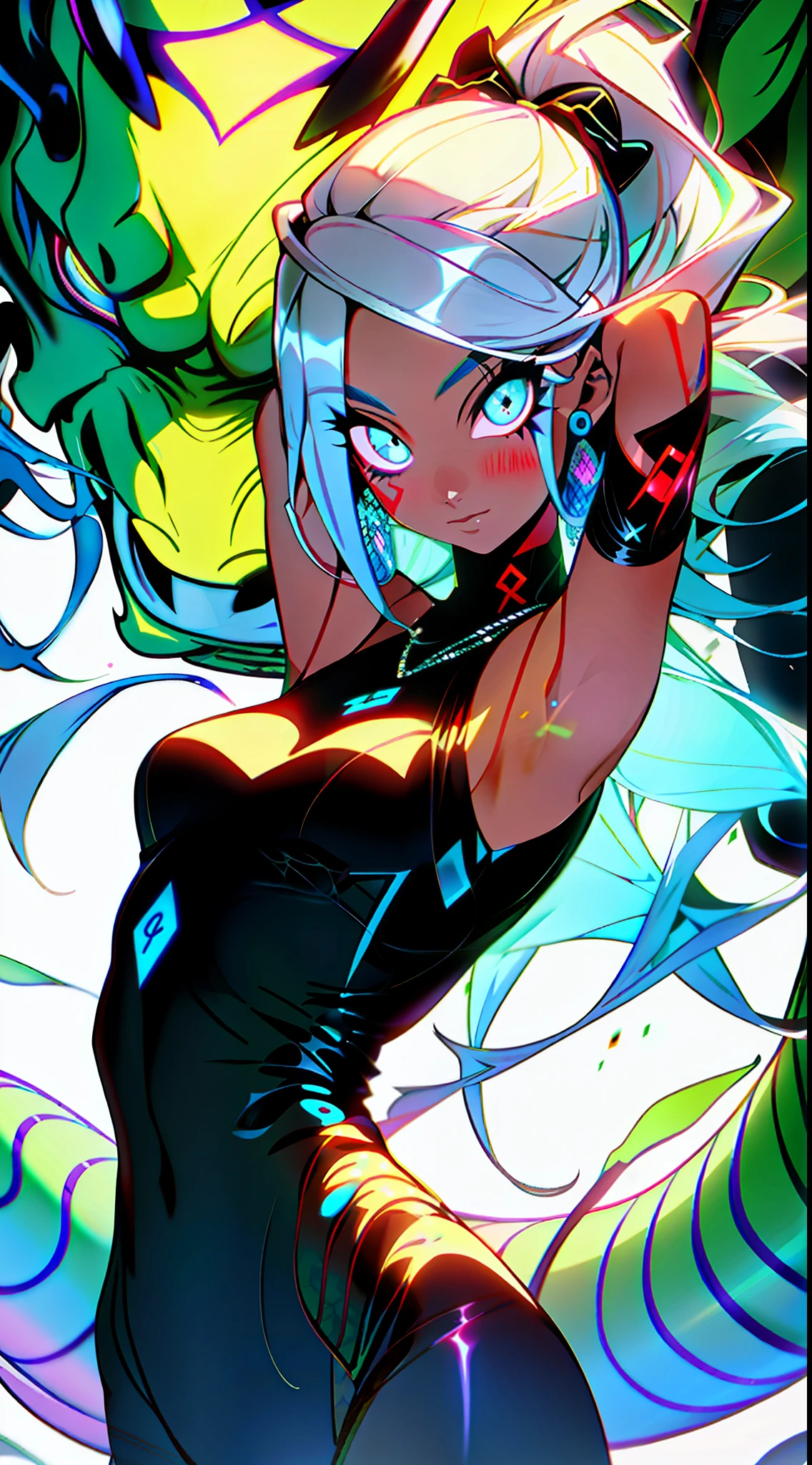 3girls, excellent lighting, sidelighting, (curvy: 1.2), background, mixed-language_text, Japanese graffiti letters, perfect GUILTY GEAR -STRIVE style, image of full-body women fighting alongside you with powerful dragons versus alien creature full of tentacles, with immersive effects, hover effect, background graffiti style tribal tattoo with vibrant colors "hdr ultra" detailed and with focus effect,  (masterpiece: 1.2, best quality), (finely detailed beautiful eyes: 1.2), , ((Solo)), (Finely detailed eyes and detailed face with long eyelashes:1.3), in various full-body attack poses, (beautiful graffiti background: 1.2),futuristic costume, Super detailed circular metals Clinging to arms and pants, fantastic paintings (flat color: 1.3), (magazine_cover: 1.4), (multicolored_background: 1.3), striped_background,  card_background :: Comix style by Joe Madureira :: , perfect and detailed, ultra detailed shirt with abstract design, with Japanese letter print in graffit of the sides of the dress,