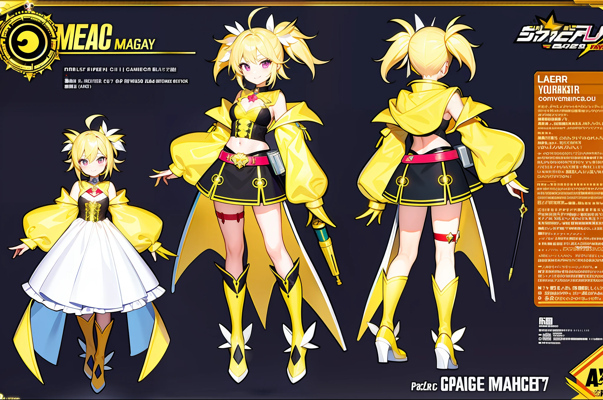 masterpiece,(best quality) magical girl,Lazer gun, yellow, spikey hair, medium sized breasts,( ( character concept art ) )