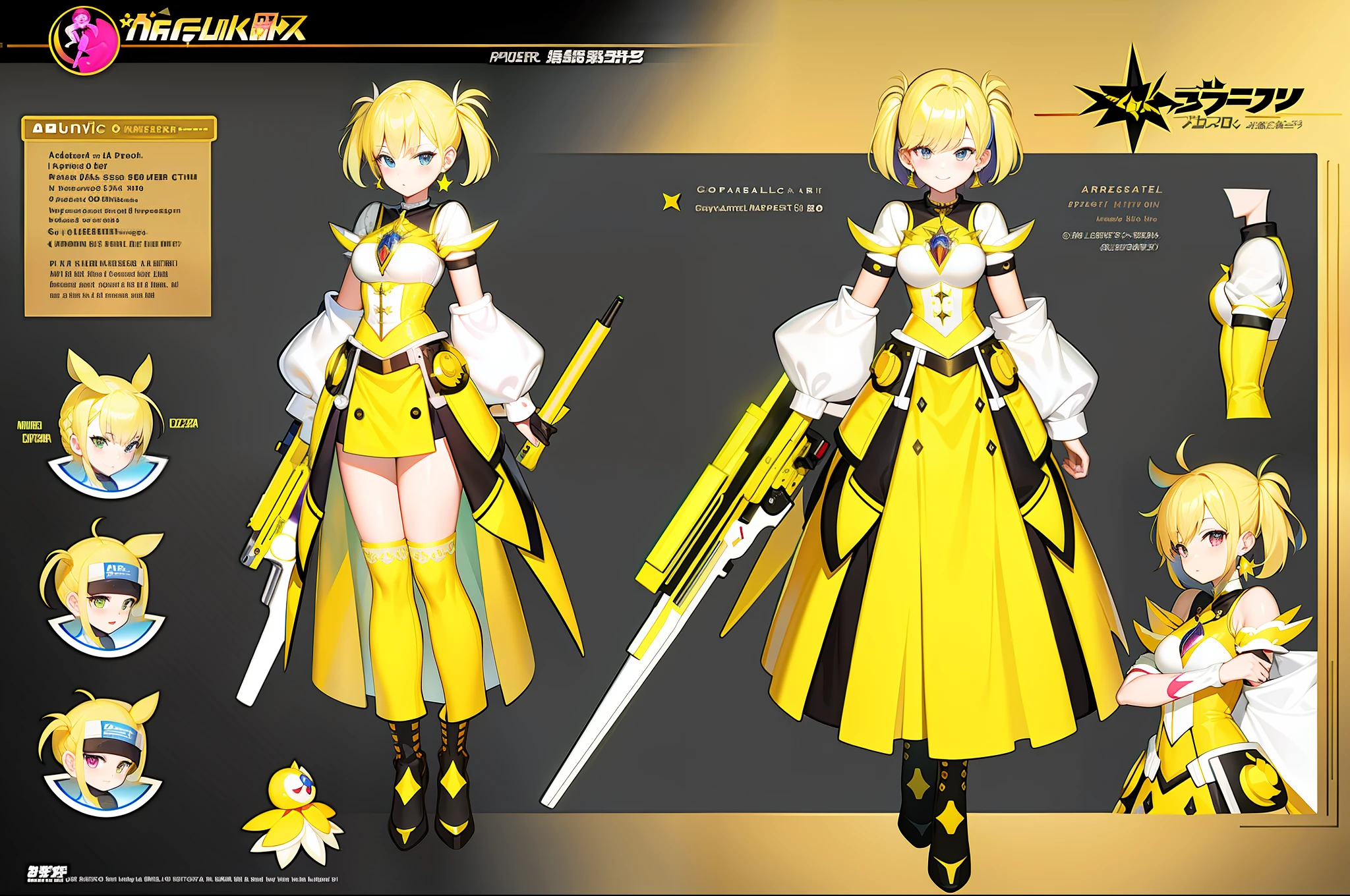 masterpiece,(best quality) magical girl,Lazer gun, yellow, spikey hair, medium sized ,( ( character concept art ) )