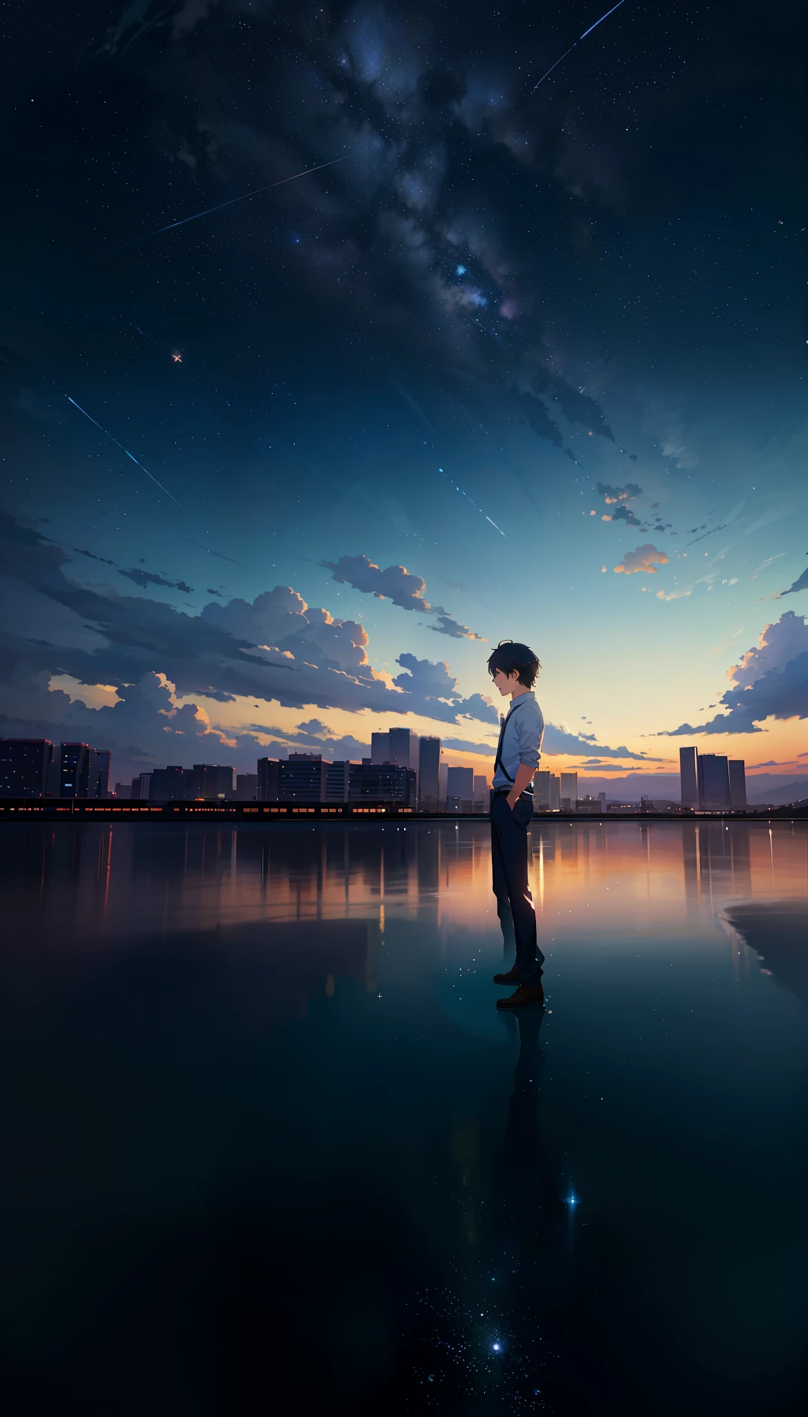 starry sky with a person standing on the water, makoto shinkai cyril rolando, makoto shinkai. digital render, makoto shinkai. octane render, in style of makoto shinkai, makoto shinkai style, inspired by Makoto Shinkai, makoto shinkai!, reflections. by makoto shinkai
