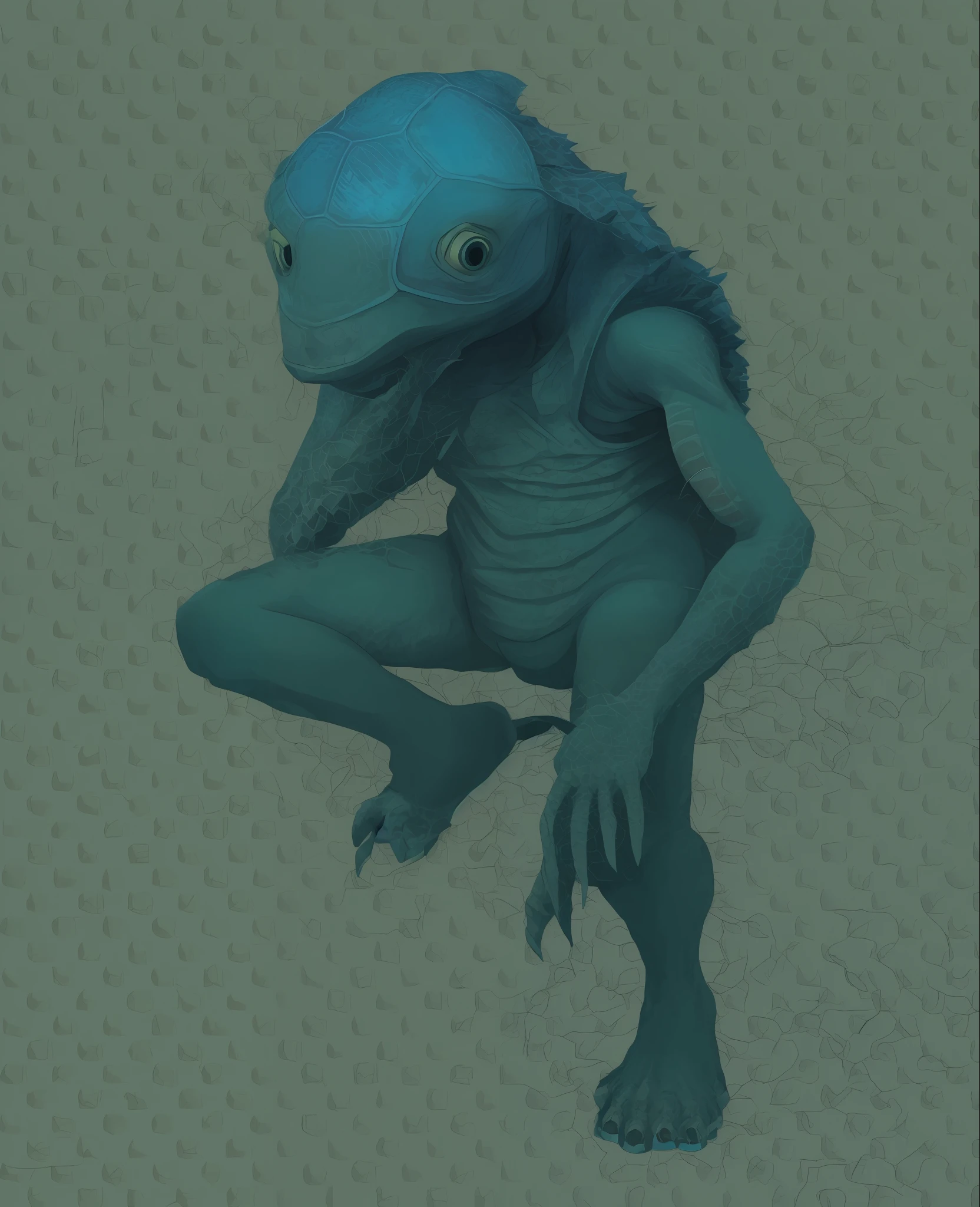 The body is blue, humanoid turtle monster, anthropomorphic turtle humanoid, anthropomorphic turtle, anthropomorphic turtle, humanoid thistle monster, green skin with scales, anthropomorphic turtle hero, one of the demonic creatures