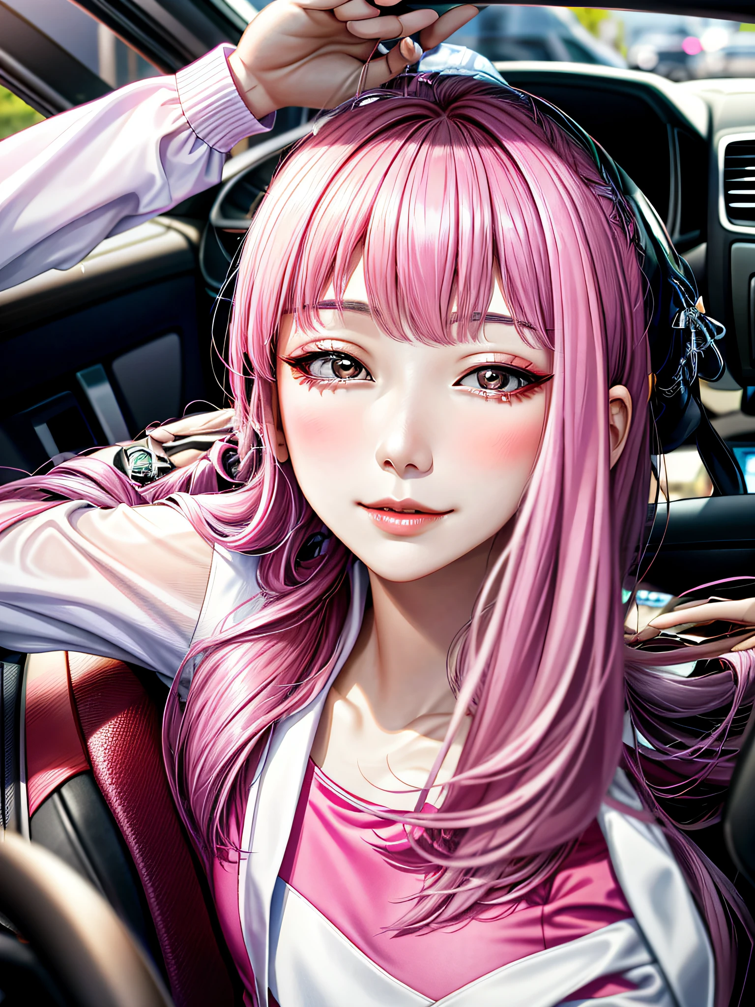 a close up of a woman in a car with a pink dress, gorgeous young korean woman, beautiful south korean woman, young adorable korean face, beautiful young korean woman, korean girl, 19-year-old girl, 8k selfie photograph, lovely delicate face, jaeyeon nam, wan adorable korean face, xintong chen, young cute wan asian face