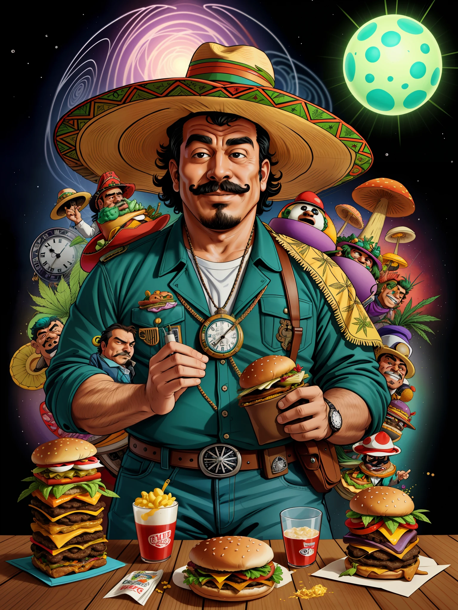 Men mexican (fat man) high drug with sombrero mariachi, Buckaroo Banzai Through the 5th Dimension, mushrooms, acids, flying pocket watches, vibrant colors, time vortex, burgers, burgers make of weed, weed in background