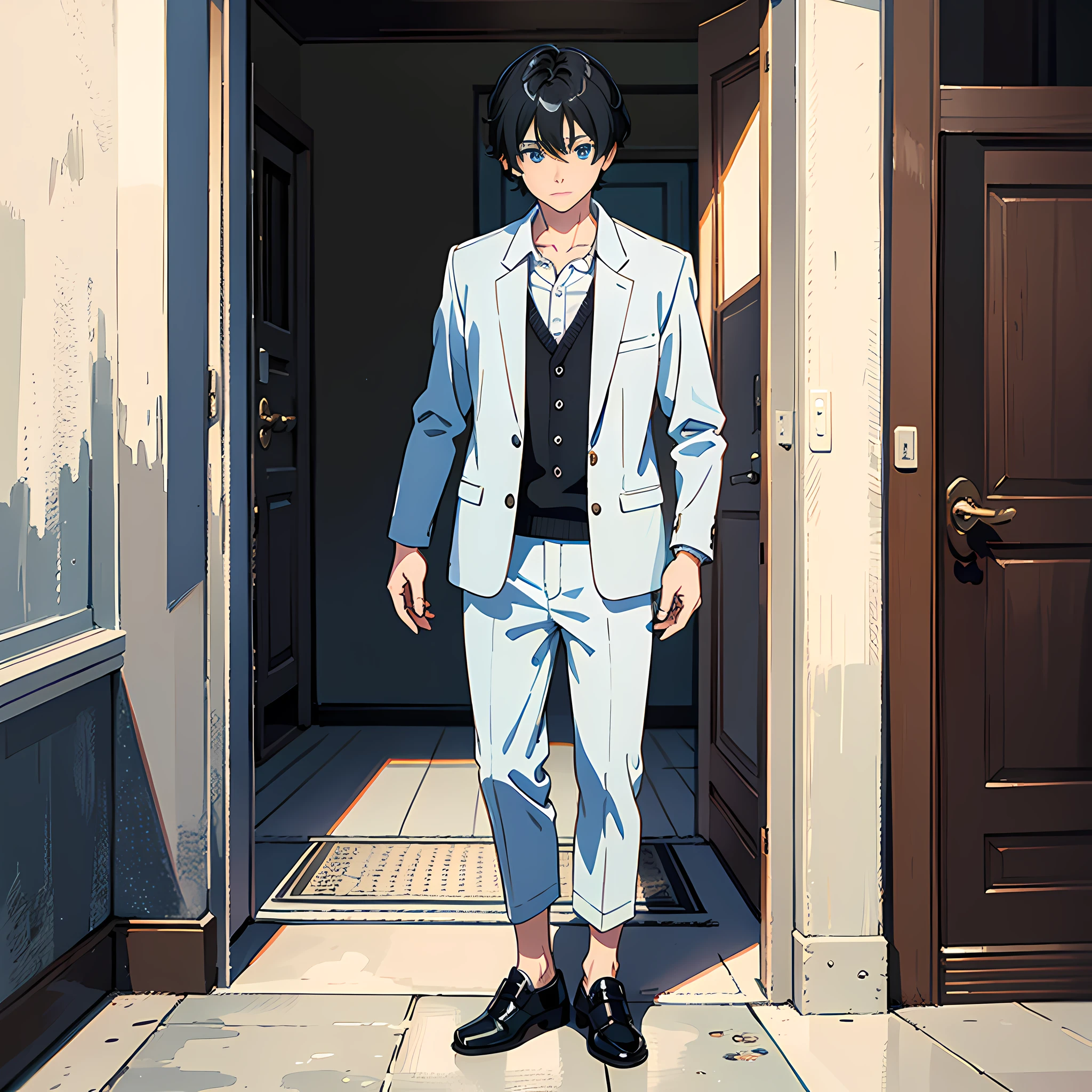 1 man, short black hair, blue eyes, white city, standing in the doorway, nervous expression, surrealism