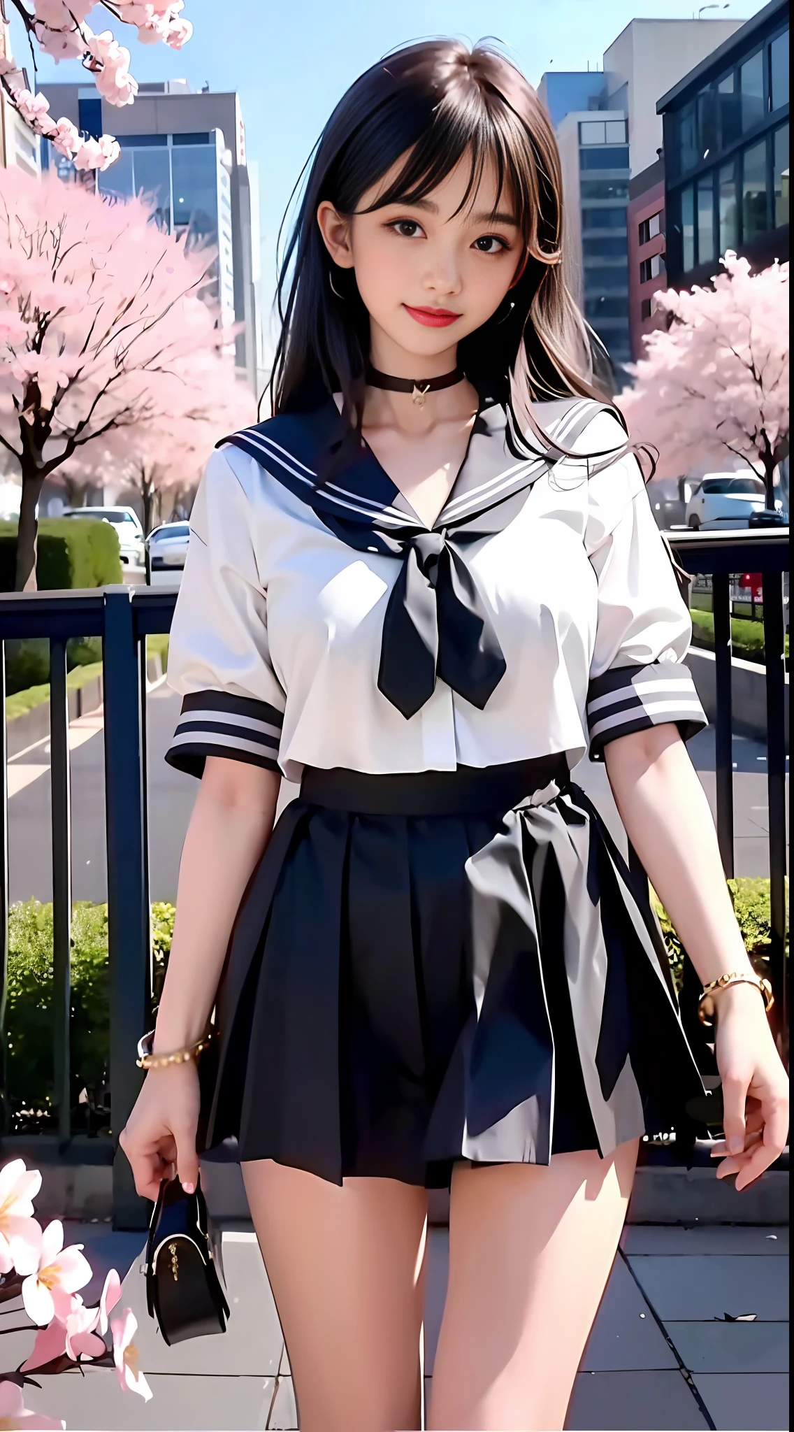 Masterpiece, Superb Piece, Full Body, 1girl, Bangs, Blue Choker, Blue Tie, Black Hair, Light Blue Skirt, Blush, Bracelet, Beautiful Breasts, Choker, Collarbone, Collared Shirt, Sailor Suit, Pierced Ears, Eyebrows Visible Through Hair, Gradient Hair, Grin, Gyaru, Jewelry, Kogal, Long Hair, Looking at the Audience, Loose Tie, Tie, Piercing, Sailor Skirt, Red Eyes, Ring, School Uniform, Smile, Solo, Street, Sky, Cherry Blossoms, Petals, Illustrations, (Magazine: 1.3), (Cover Style: 1.3), Fashion, Woman, Vitality, Dressing, Posing, Front, Colorful, Dynamic, Background, Element, Confident, Expressive, Hold, Statement, Attachment, Majestic, Coiled, Surround, Touch, Scene, Text, Cover, Bold, Eye-catching, Title, Fashion, Font, Catchy, Title, Bigger, Eye-catching, Modern, Fashionable, Focused, Fashionable,