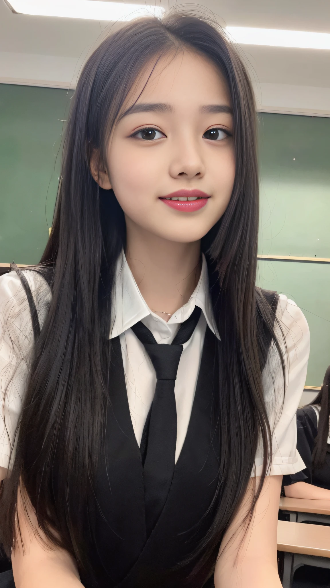 ((Best Quality, 8K, Masterpiece:1.3)), A beautiful girl, high school student, pure, melon face, gentle and cute, thin figure, facing right, head to right, lips closed, upper body leaning forward, school uniform, formal wear, black silky long hair, round black big eyes, clear big eyes, moist red lips, sweet smile, sitting, classroom background,