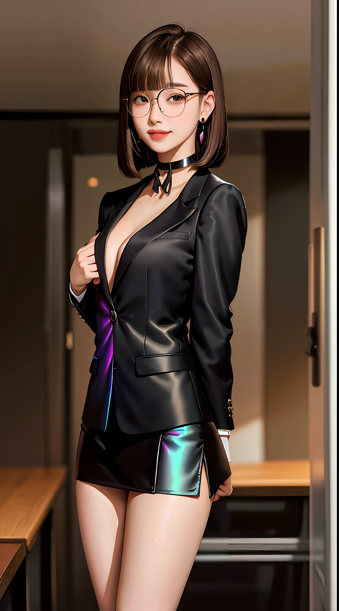 photo of a lady in a black blazer, , light brown hair, open-chest seduction, ((iridescent miniskirt)), angled bob, blush, bangs, (big breasts:0.75), ribbon choker, circular glasses, (full), slim, smile, earrings, office, standing, 8K quality, {nsfw:0.8},