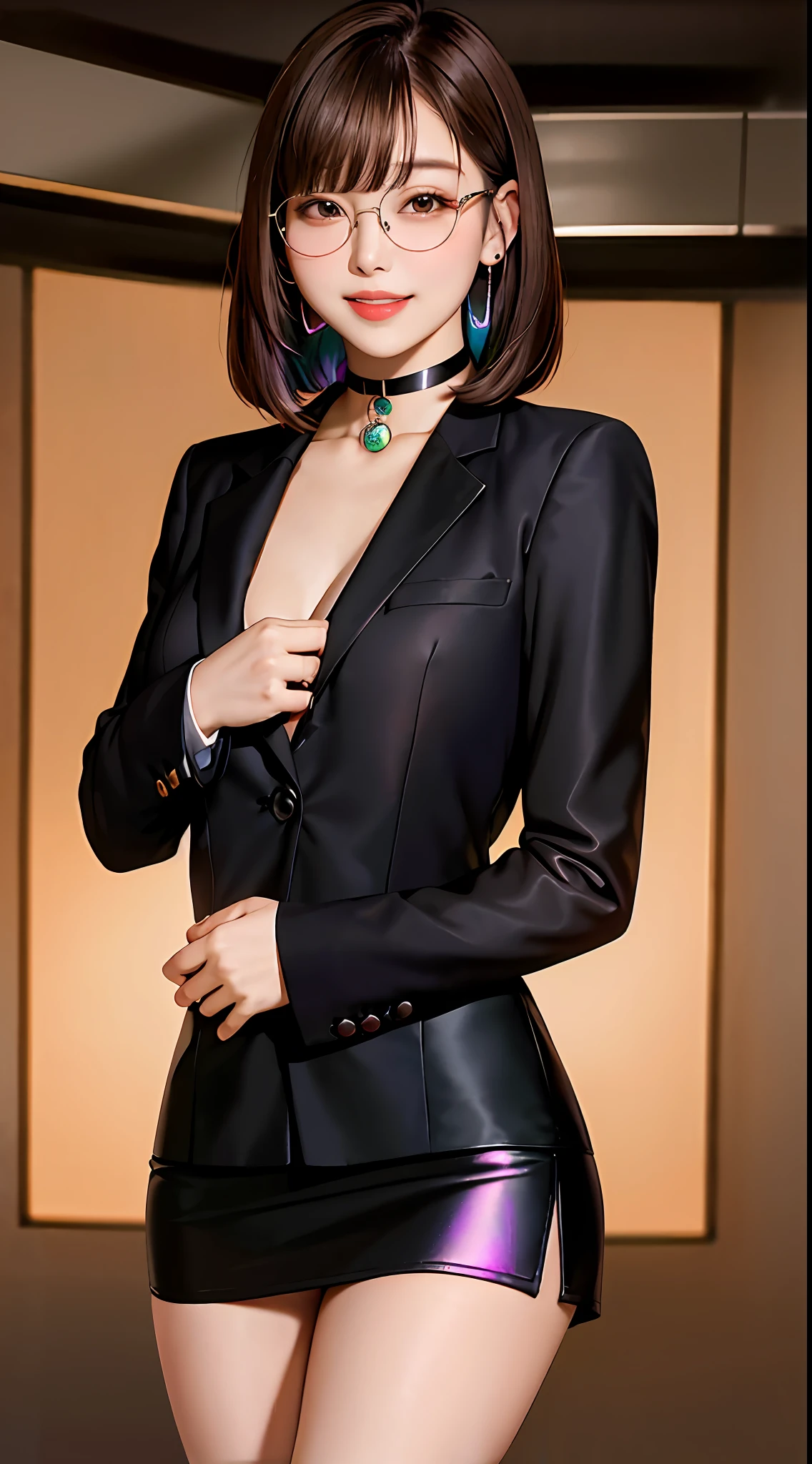 photo of a lady in a black blazer, , light brown hair, open-chest seduction, ((iridescent miniskirt)), angled bob, blush, bangs, (big breasts:0.75), ribbon choker, circular glasses, (full), slim, smile, earrings, office, standing, 8K quality, {nsfw:0.8},