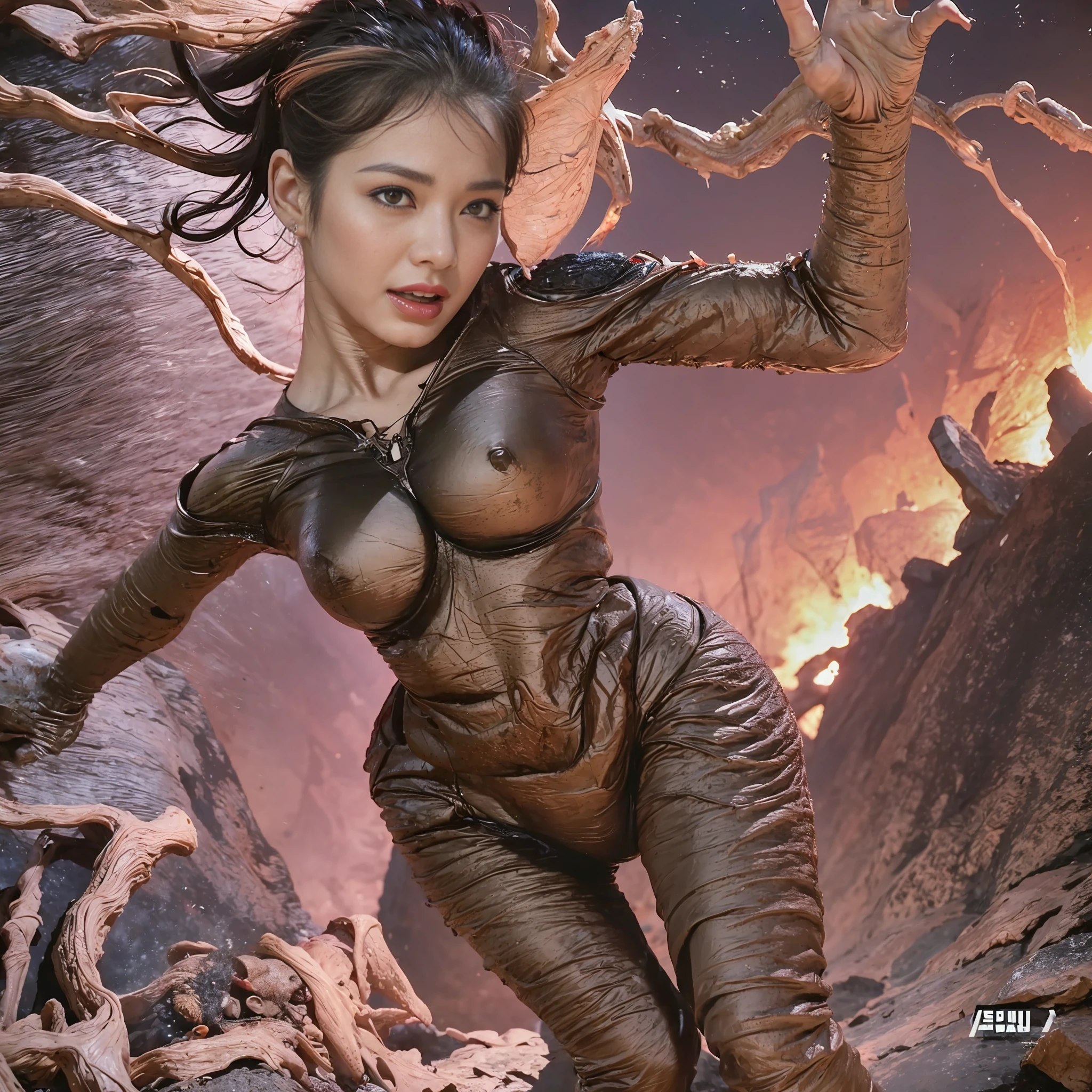 Ultra-realistic, aliens and humans fight fiercely, beautiful woman fights to the death, jumps out with heavy bleeding, red internal organs and brain are exposed from the head, female body is eaten by aliens, high image quality, 8K, 32K, F1.8