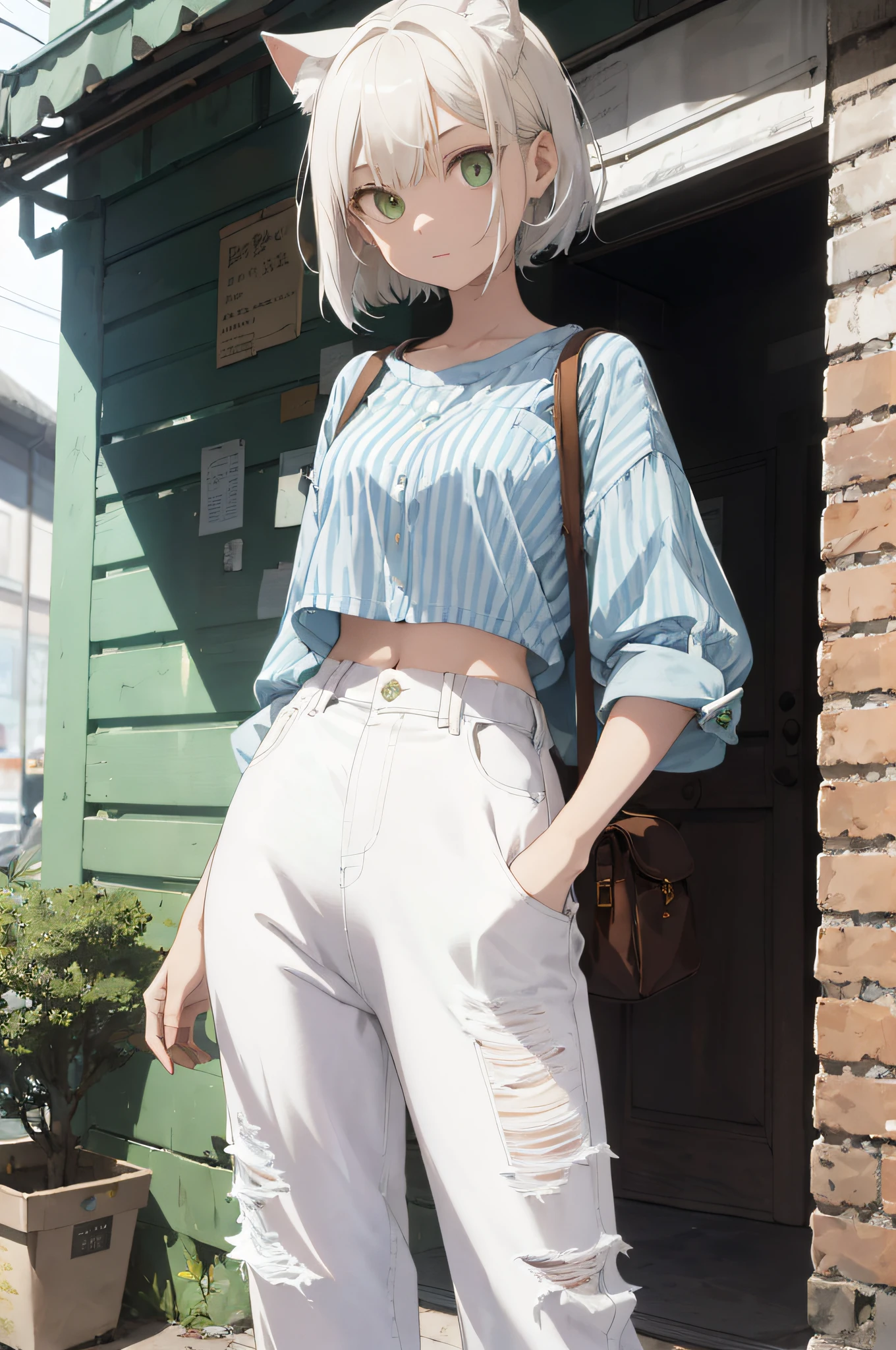 Cat-eared woman, Alaf in striped shirt and white pants with transparent bag, baggy jeans, cropped wide sleeves, sea - green and white clothes, put on and take off - white style, bag at waist, white pants, wearing cropped top, full body :: sunny weather ::, wearing a pretty shirt and jeans, striped shirt, Julia Razmova style