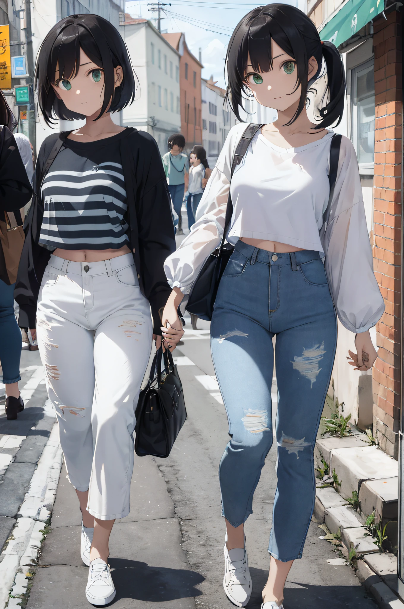 Cat-eared woman, Alaf in striped shirt and white pants with transparent bag, baggy jeans, cropped wide sleeves, sea - green and white clothes, put on and take off - white style, bag at waist, white pants, wearing cropped top, full body :: sunny weather ::, wearing a pretty shirt and jeans, striped shirt, Julia Razmova style