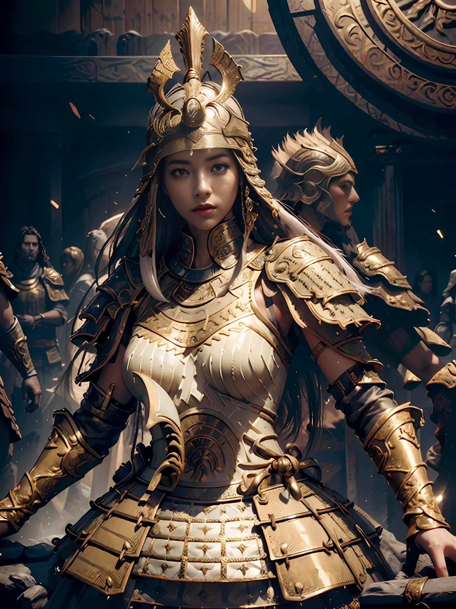 extremely beautiful young lady, subtle makeup, golden hour, photorealistic, high contrast, 8k HD, detailed, hyper-detailed, realistic skin texture, long dark hair, big breast, best quality, ultra high res, raw photo, dramatic lighting, unreal engine, diffuse glow  intricate silver eaba, white imperial cape, spear, sword, no helm