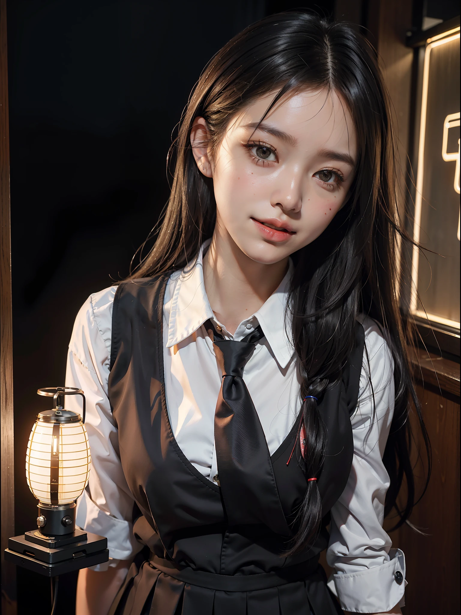 (masterpiece), best quality, ultra high resolution, close-up, slim body, 1girl, school uniform, long hair, laughter, ramen, night, Tokyo restaurant background, colored lights, photonic mapping, radiosity, physical rendering, cinematic lighting, complex, High Detail, Sharp focus, dramatic, photorealistic