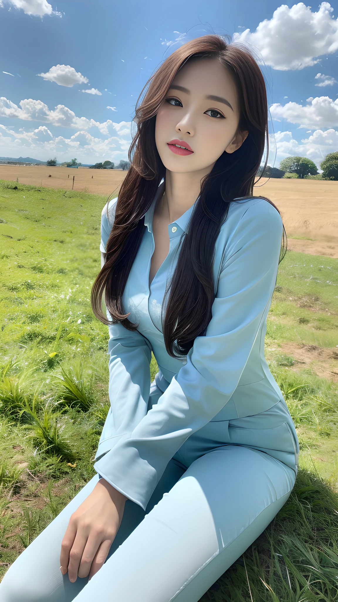 ((Best Quality, 8K, Masterpiece:1.3)), A beautiful girl, pure, melon face, gentle and cute, thin figure, facing right, head to right, lips closed, upper body leaning forward, ((loose suit shirt, high-waisted wide-leg trousers))), black silky long hair, round black big eyes, clear big eyes, moist red lips, sweet, sitting, blue sky and white clouds, sunlight, grassland background,