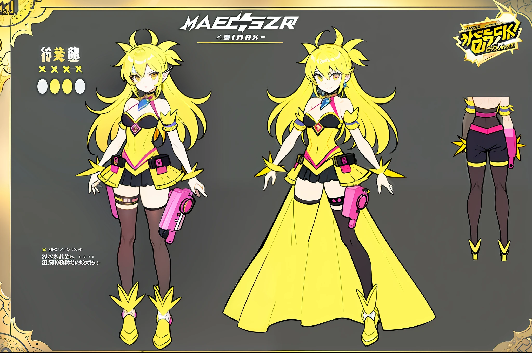 masterpiece,(best quality) magical girl,Lazer gun, yellow, spikey hair, medium sized breasts,( ( character concept art ) )