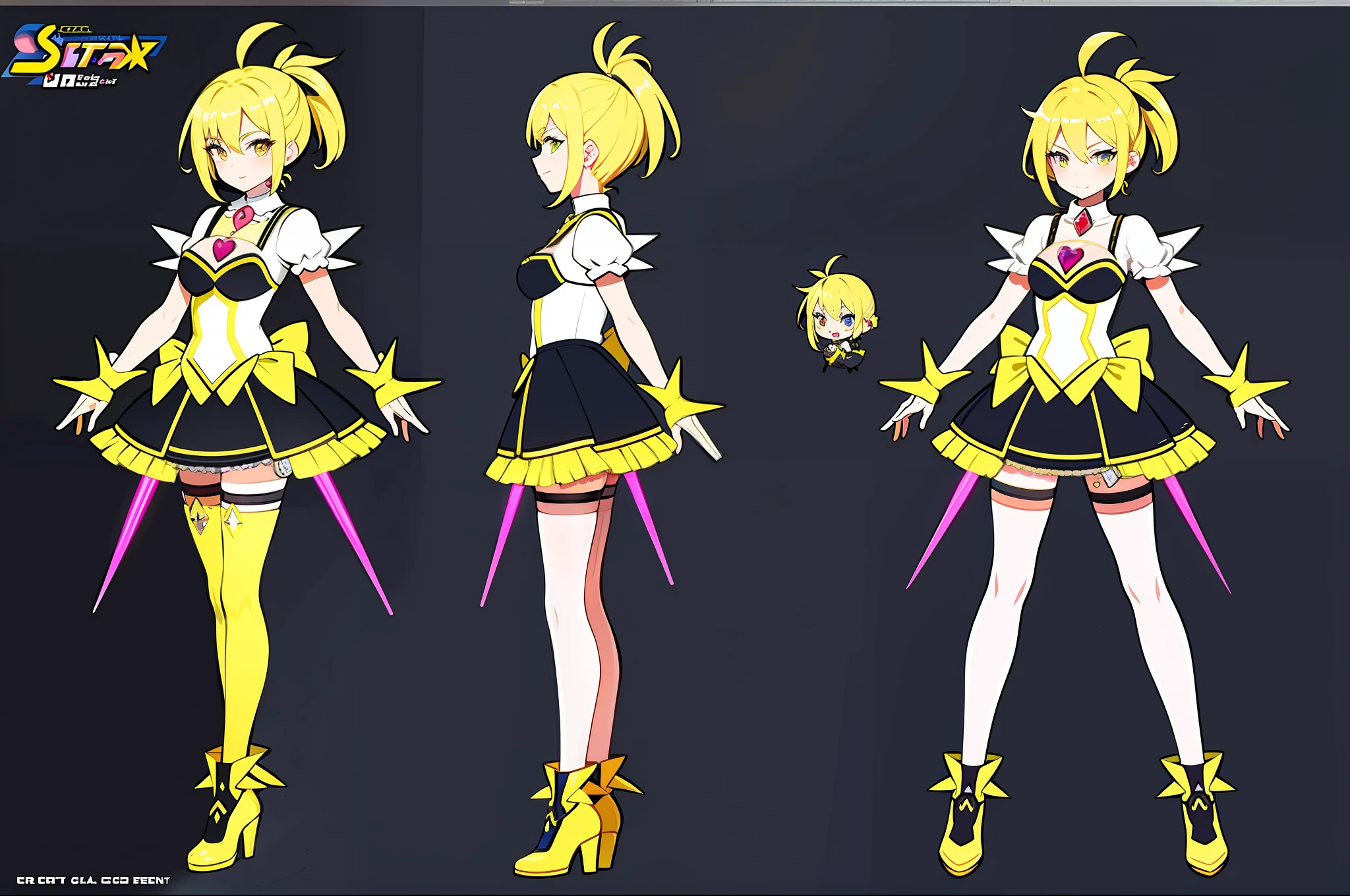 masterpiece,(best quality) magical girl,Lazer gun, yellow, spikey hair, medium sized breasts,( ( character concept art ) )
