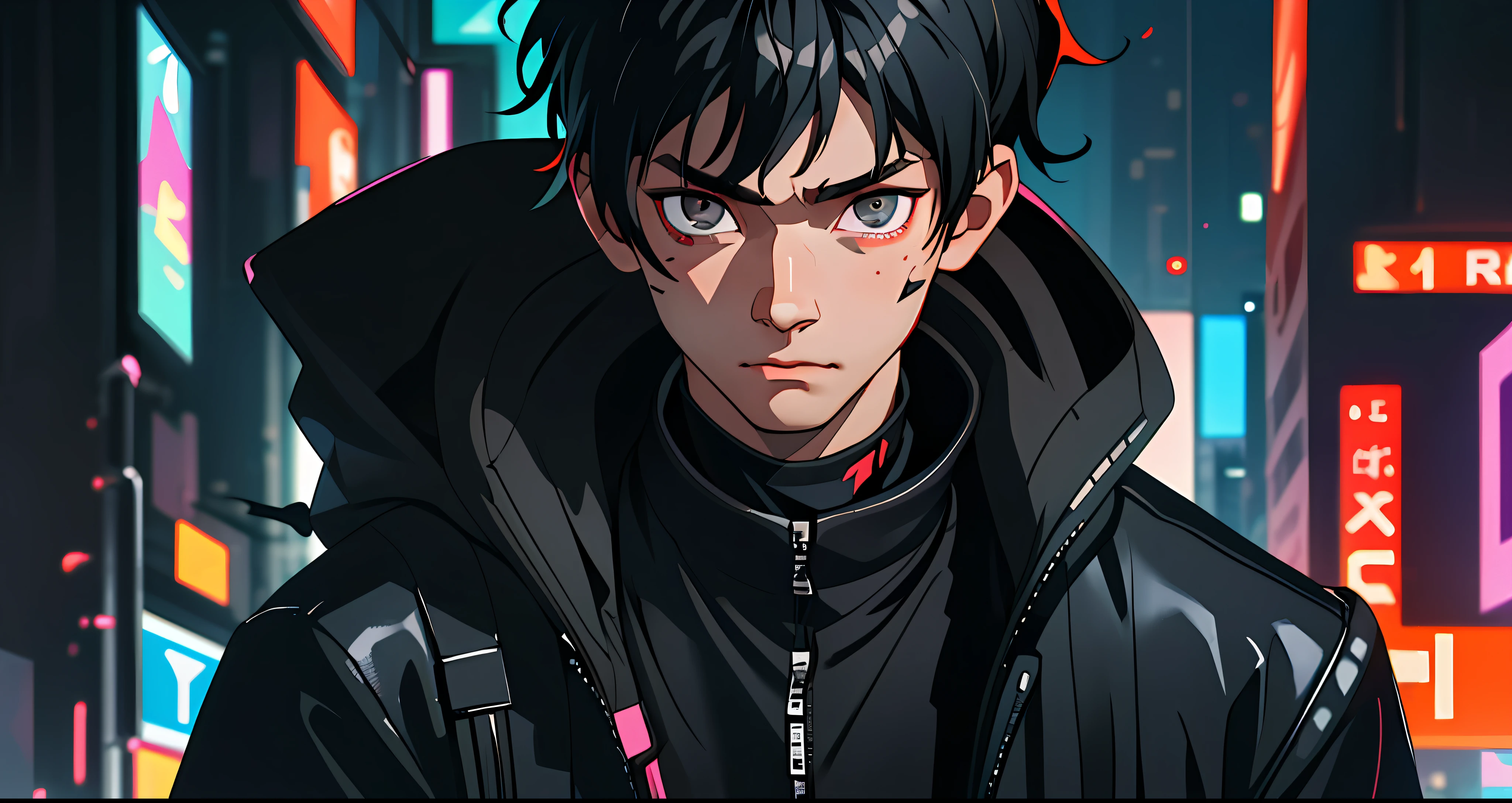 (best quality, masterpiece), Cyberpunk, 1boy, blurred background, contemporary, skz Hyunjin, black hair, short hair, dark eyes, man, guy, scratch on the face, look at the viewer