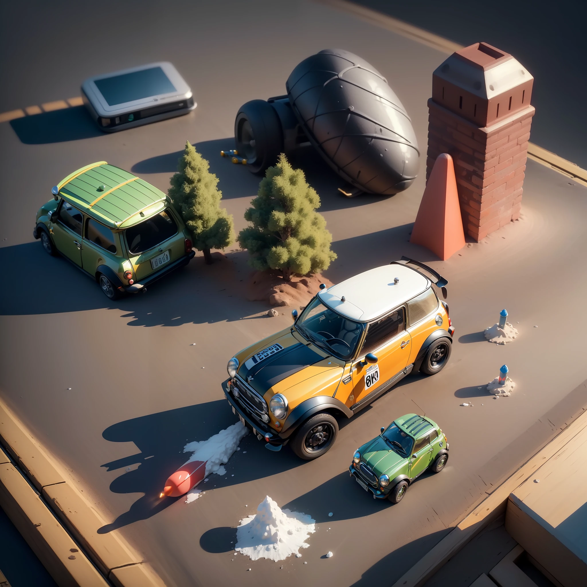 mini\(ttp\), (8k, RAW photo, best quality, Perfect detail,masterpiece:1.5),miniature hot Wheels Cars track, Launch button(miniature rocket :1.3),isometric, miniature, landscape on foundation,landscape,(on desk:1.3),