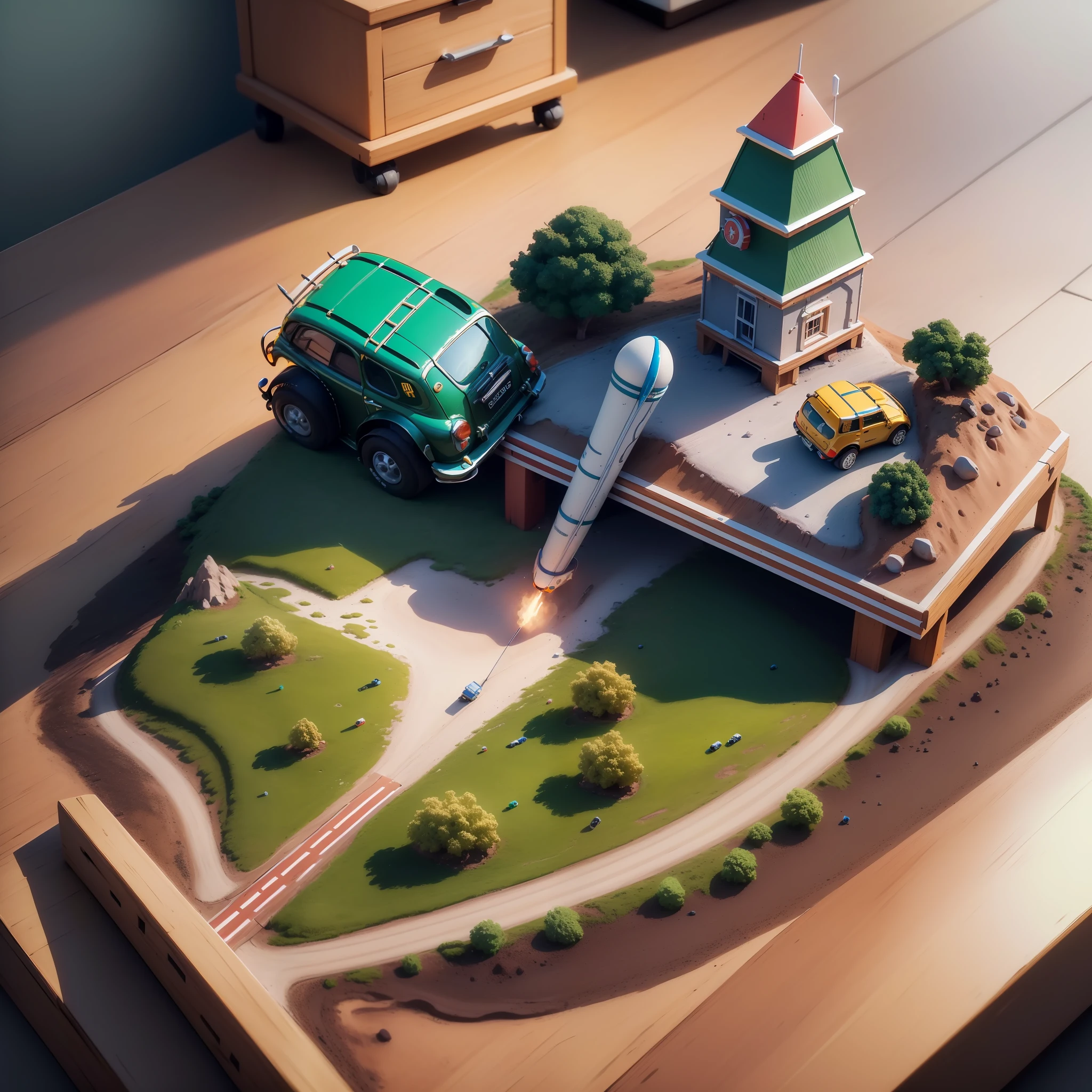 mini\(ttp\), (8k, RAW photo, best quality, Perfect detail,masterpiece:1.5),miniature hot Wheels Cars track, Launch button(miniature rocket :1.3),isometric, miniature, landscape on foundation,landscape,(on desk:1.3),