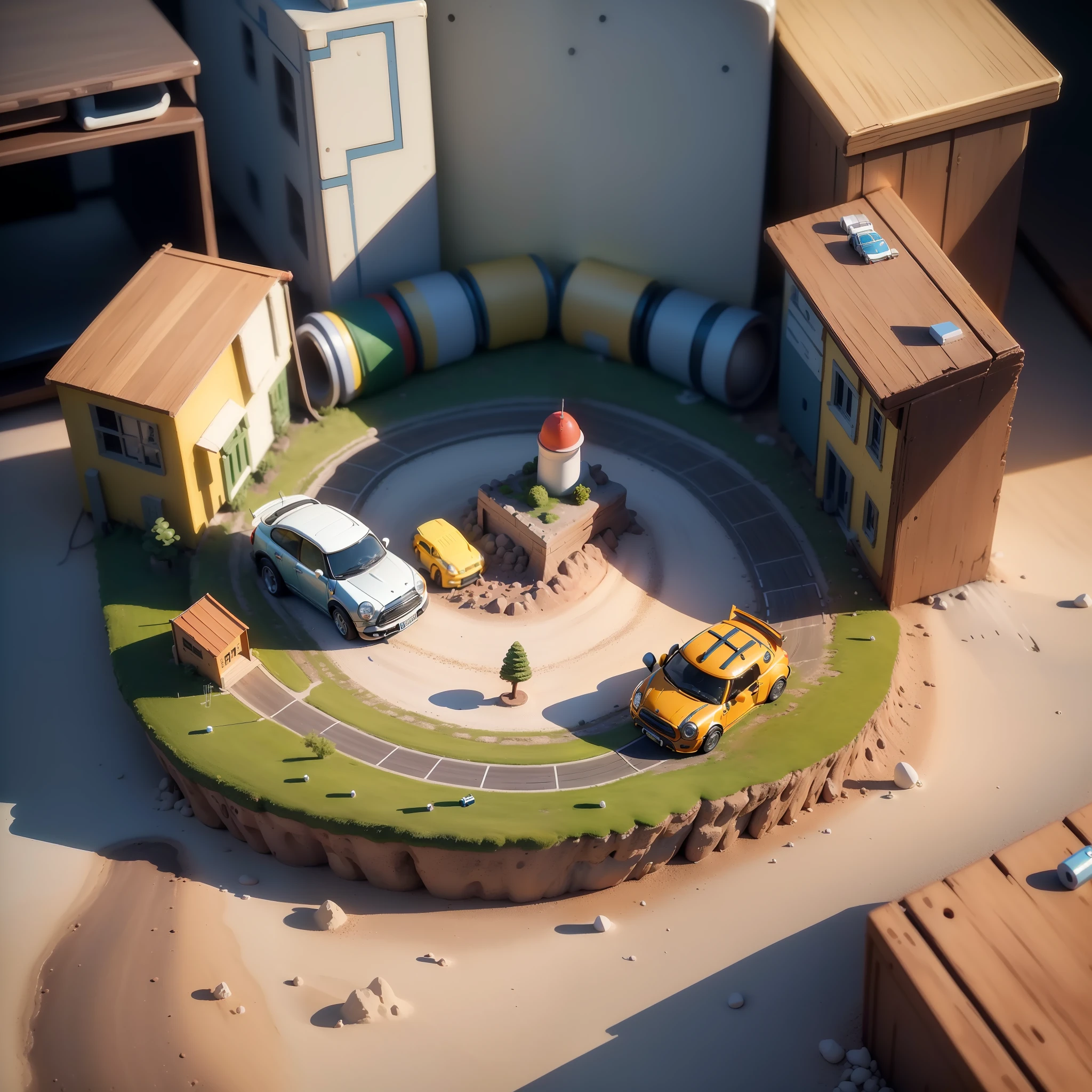mini\(ttp\), (8k, RAW photo, best quality, Perfect detail,masterpiece:1.5),miniature hot Wheels Cars track, Launch button(miniature rocket :1.3),isometric, miniature, landscape on foundation,landscape,(on desk:1.3),