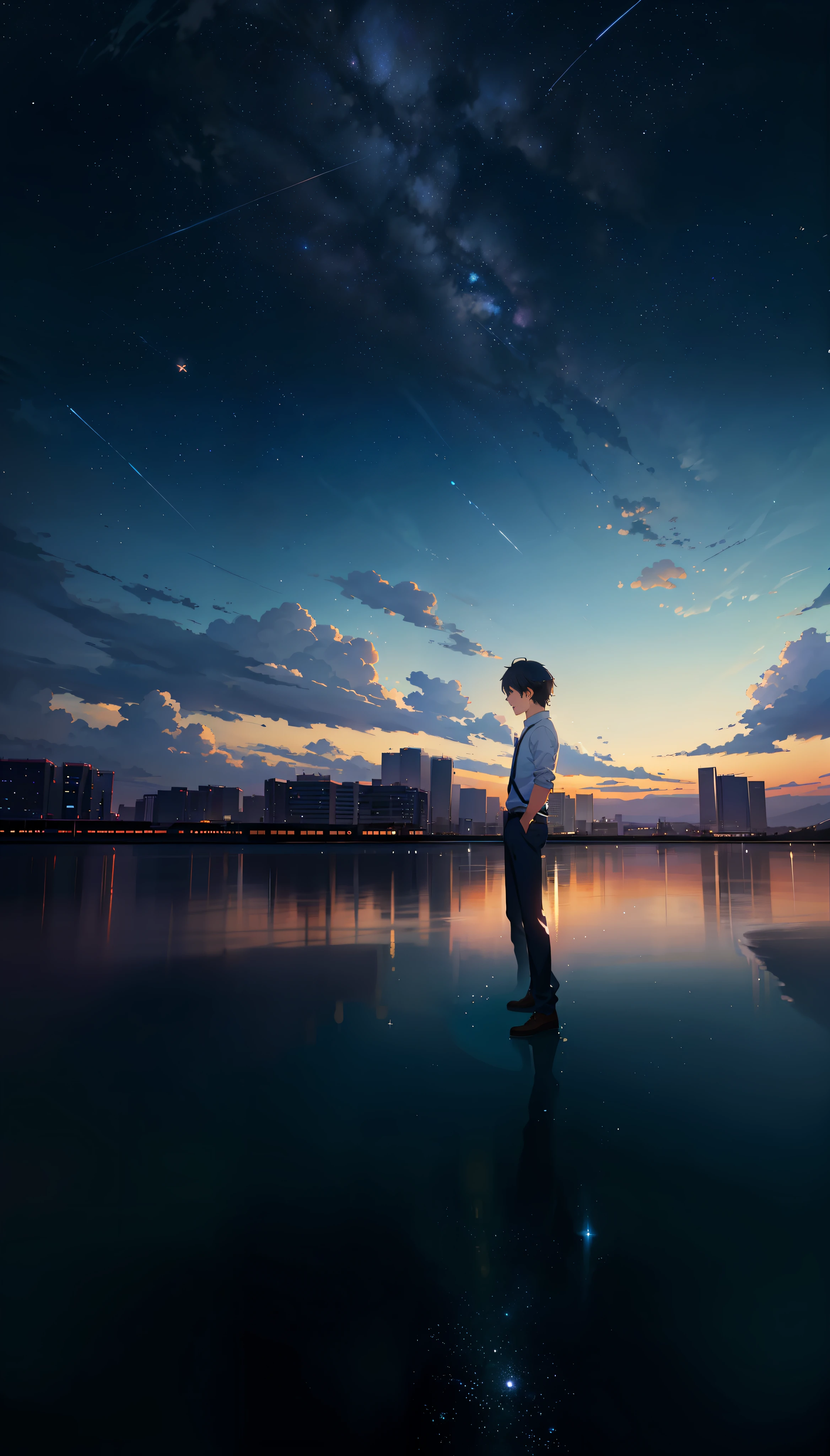 starry sky with a person standing on the water, makoto shinkai cyril rolando, makoto shinkai. digital render, makoto shinkai. octane render, in style of makoto shinkai, makoto shinkai style, inspired by Makoto Shinkai, makoto shinkai!, reflections. by makoto shinkai