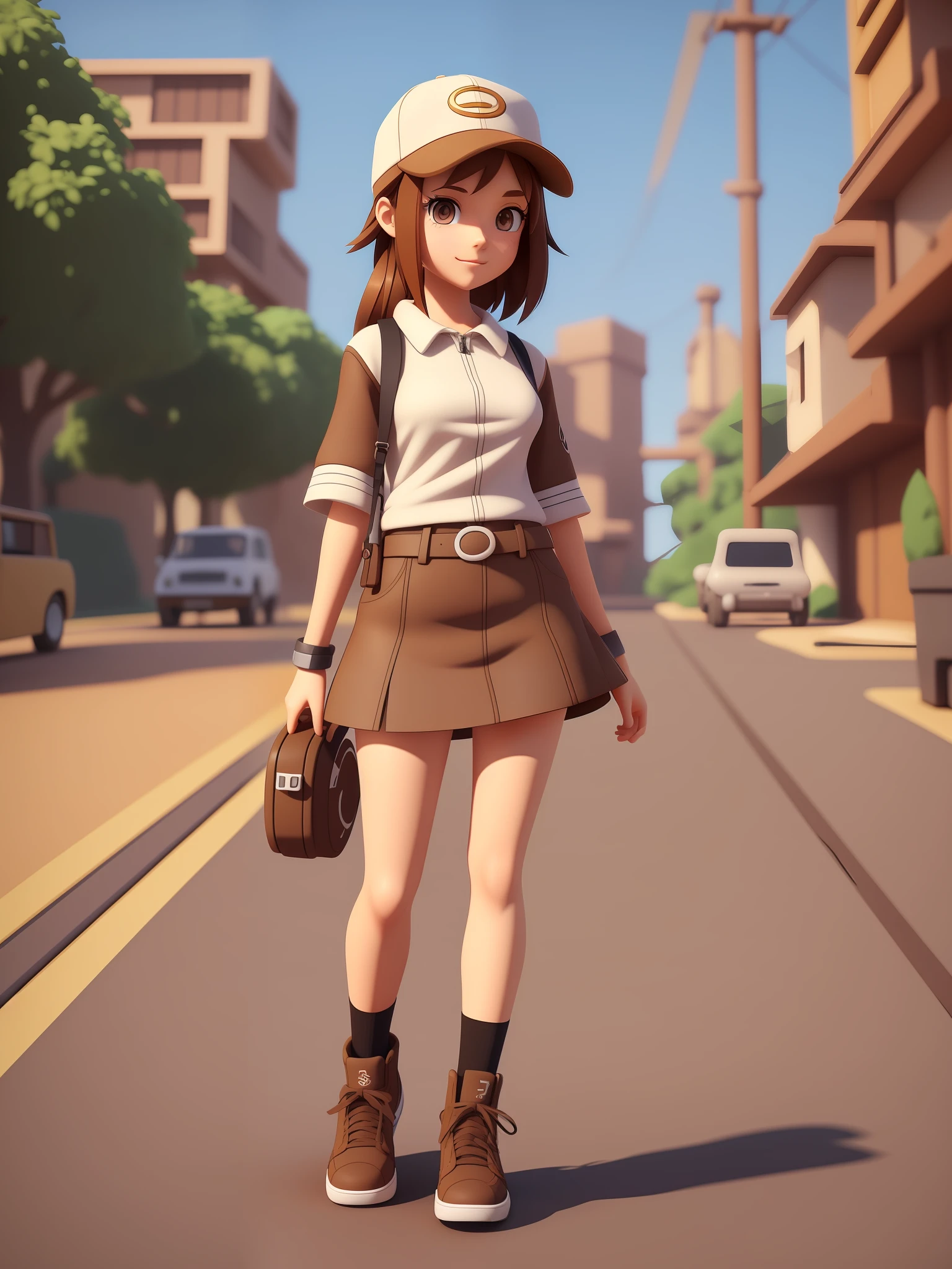 girl, a cartoon character wearing a light brown cap, (((brown eyes)))), stylized character, animation character, stylized 3d render, 3d character, highly detailed character, stylized anime, stylized 3d, render character, character model, full body