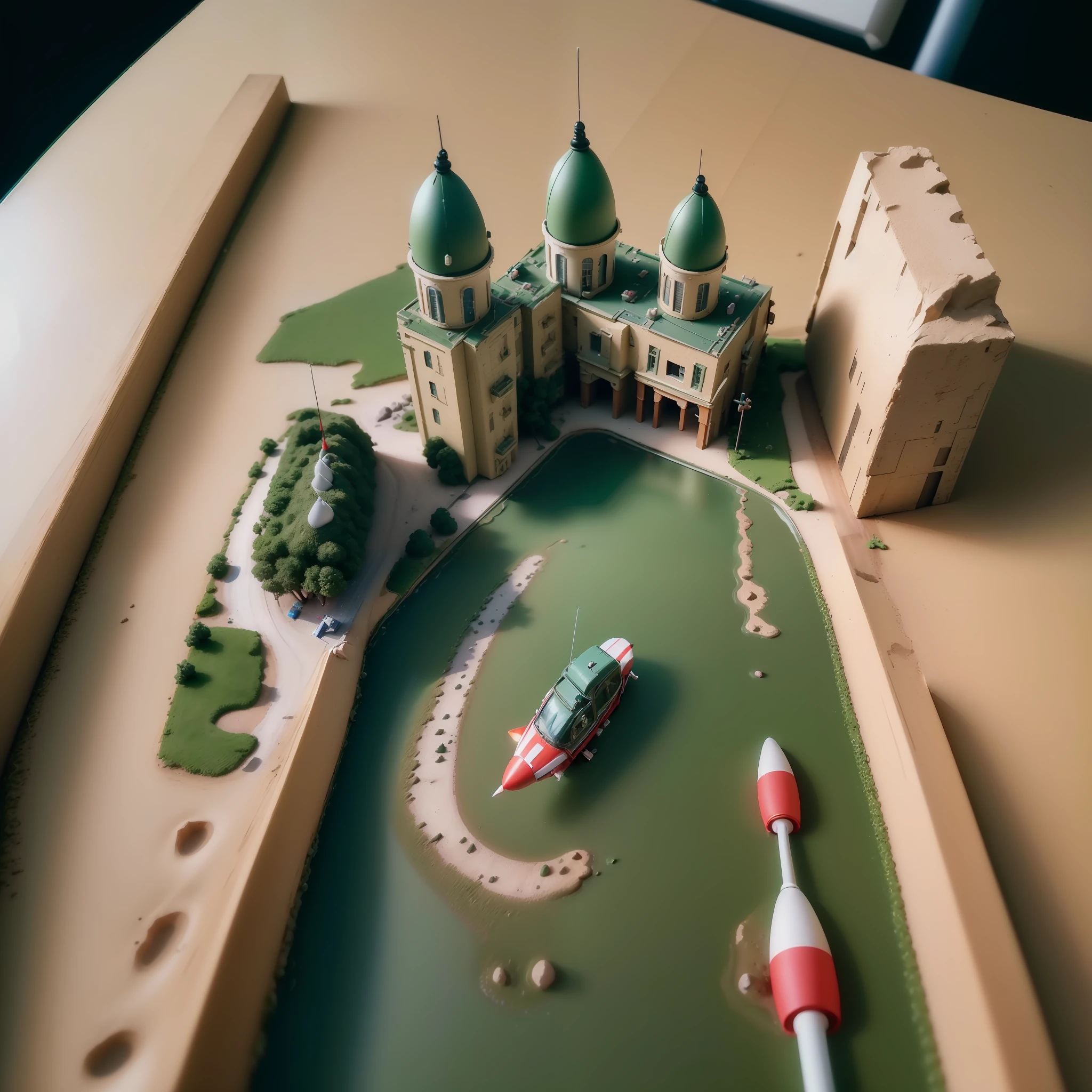 mini\(ttp\), (8k, RAW photo, best quality, Perfect detail,masterpiece:1.5),miniature rocket launch site, nuclear weapons,mini Kim Jong-un,Launch button(miniature rocket :1.3),isometric, miniature, landscape on foundation,landscape,(on desk:1.3),