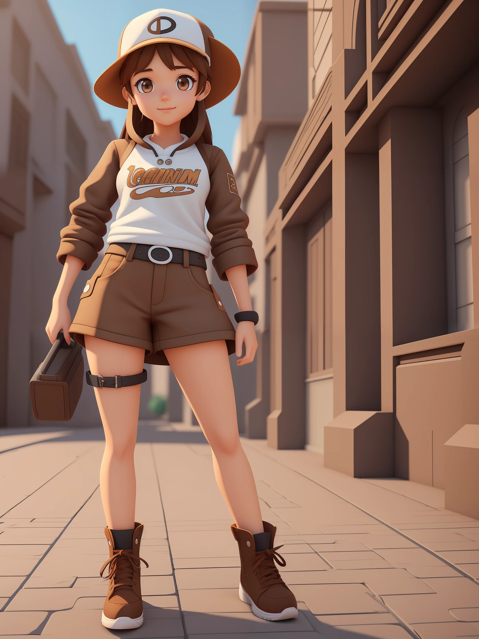 girl, a cartoon character wearing a light brown cap, (((brown eyes)))), stylized character, animation character, stylized 3d render, 3d character, highly detailed character, stylized anime, stylized 3d, render character, character model, full body