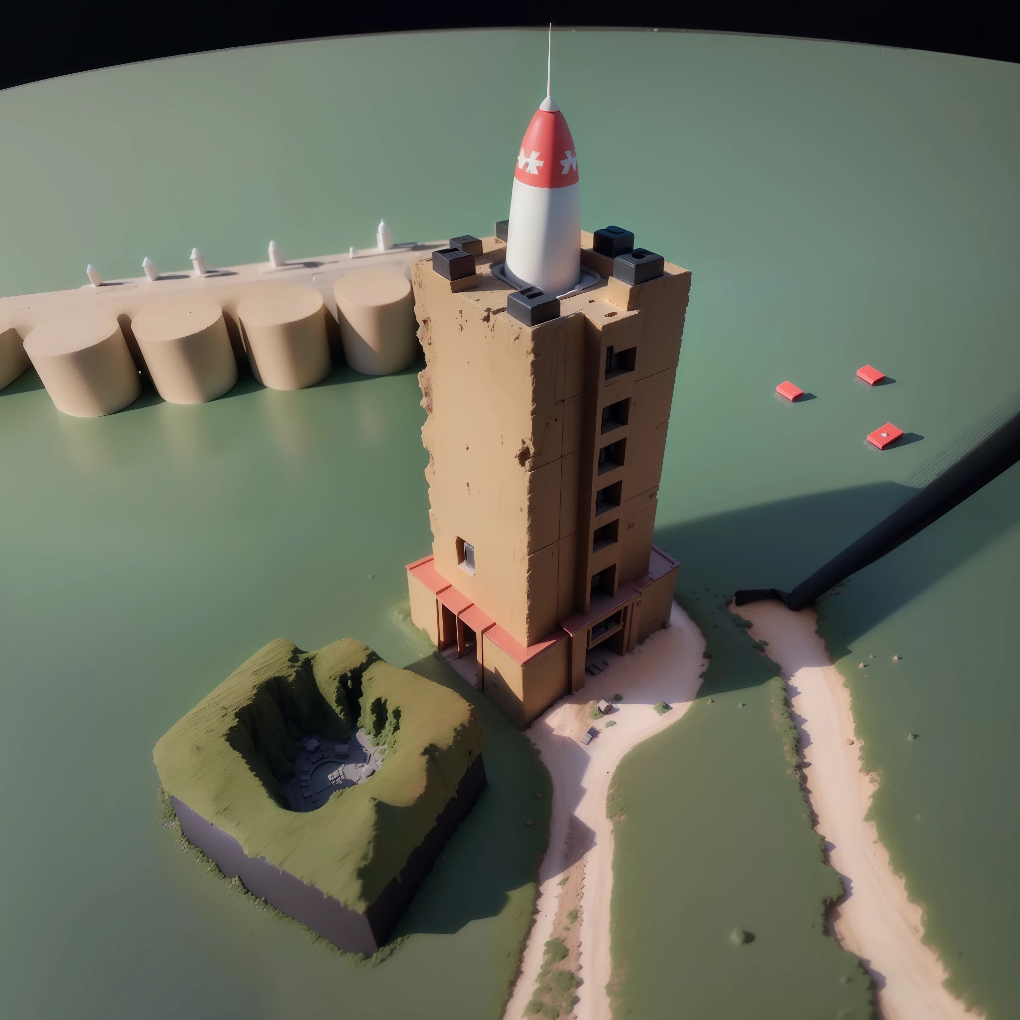 mini\(ttp\), (8k, RAW photo, best quality, Perfect detail,masterpiece:1.5),miniature rocket launch site, nuclear weapons,mini Kim Jong-un,Launch button(miniature rocket :1.3),isometric, miniature, landscape on foundation,landscape,(on desk:1.3),