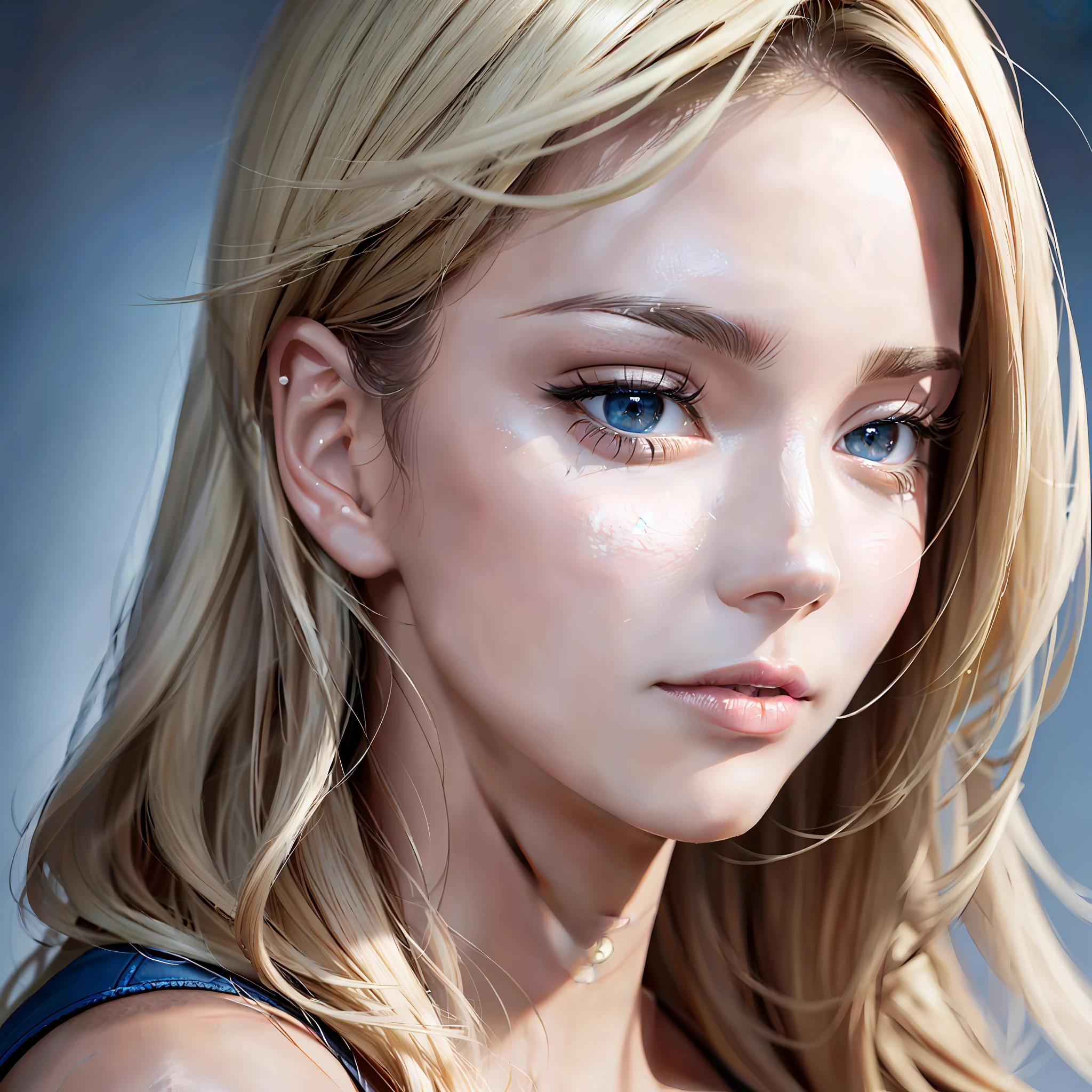 woman face, thirties, not too young, face turned forty five degrees, oblique, chin straight, eyes looking straight, realistic, high quality, skin very detailed, white skin, long blond hair, hair dos not cover face, 8k, ultra high quality, blue plain background