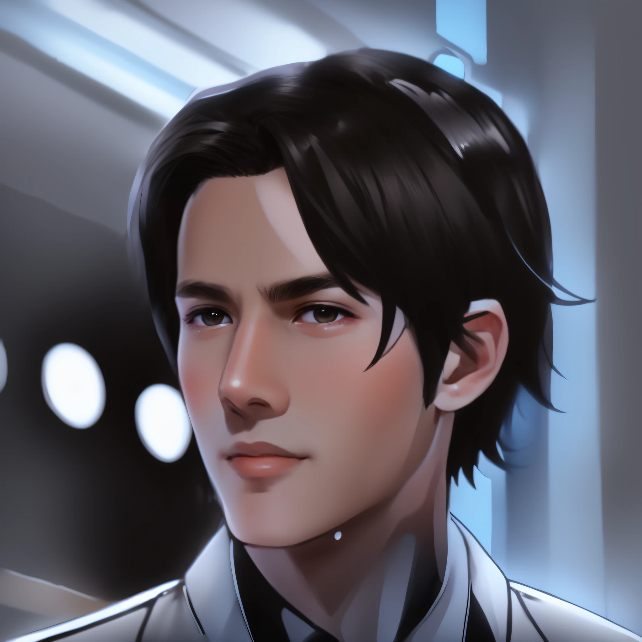 a 23 year old man with black jacket, casual clothes, brown eyes, black hair, high quality image, light nerd smile, nft portrait, with colorful and futuristic image background, anime style photo, high quality image, a closeup of a man with a tie and a jacket, nft portrait, official fanart, discord profile picture, High quality portrait, IG studios anime style, headshot profile picture