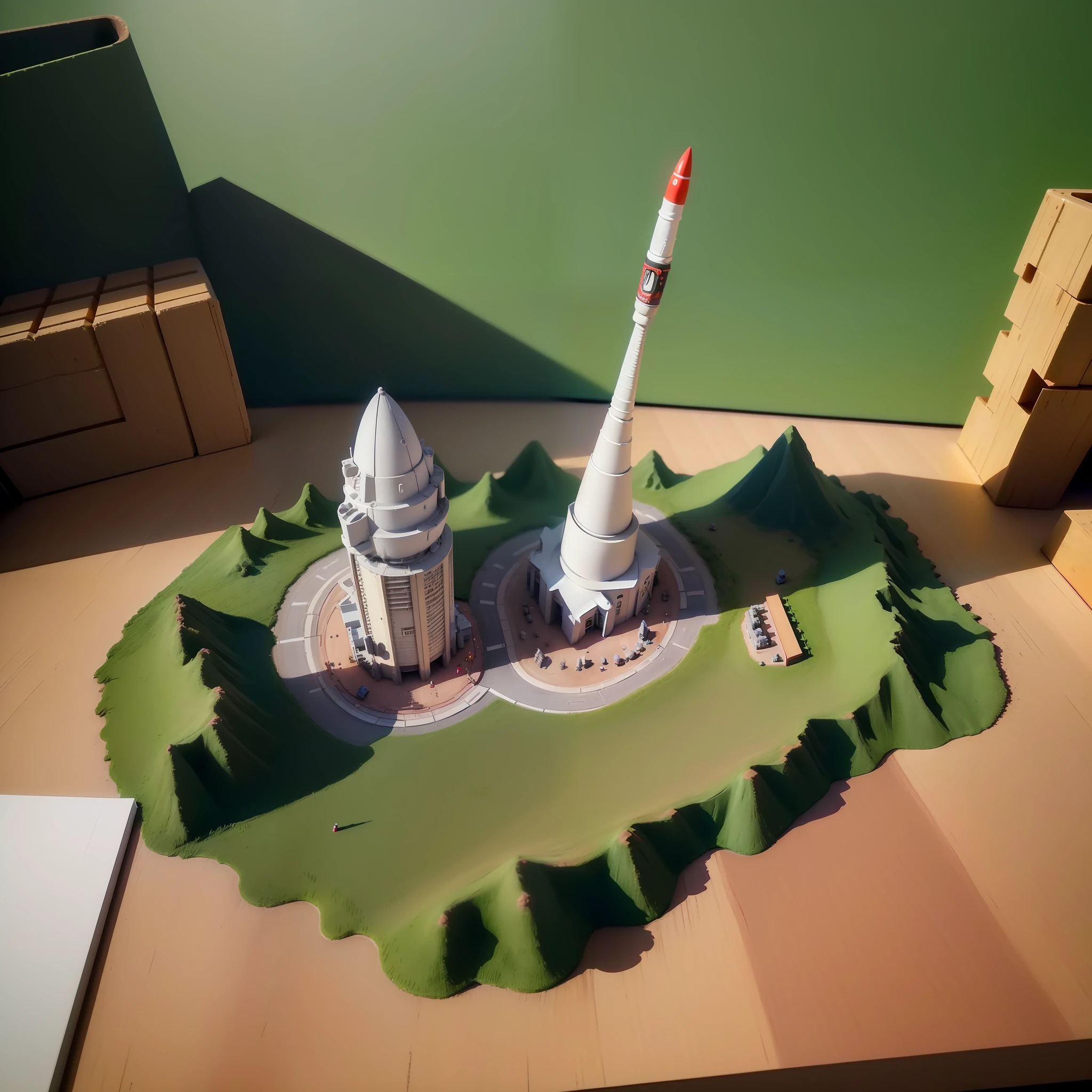 mini\(ttp\), (8k, RAW photo, best quality, Perfect detail,masterpiece:1.5),miniature rocket launch site, nuclear weapons,mini Kim Jong-un,Launch button(miniature rocket :1.3),isometric, miniature, landscape on foundation,landscape,(on desk:1.3),