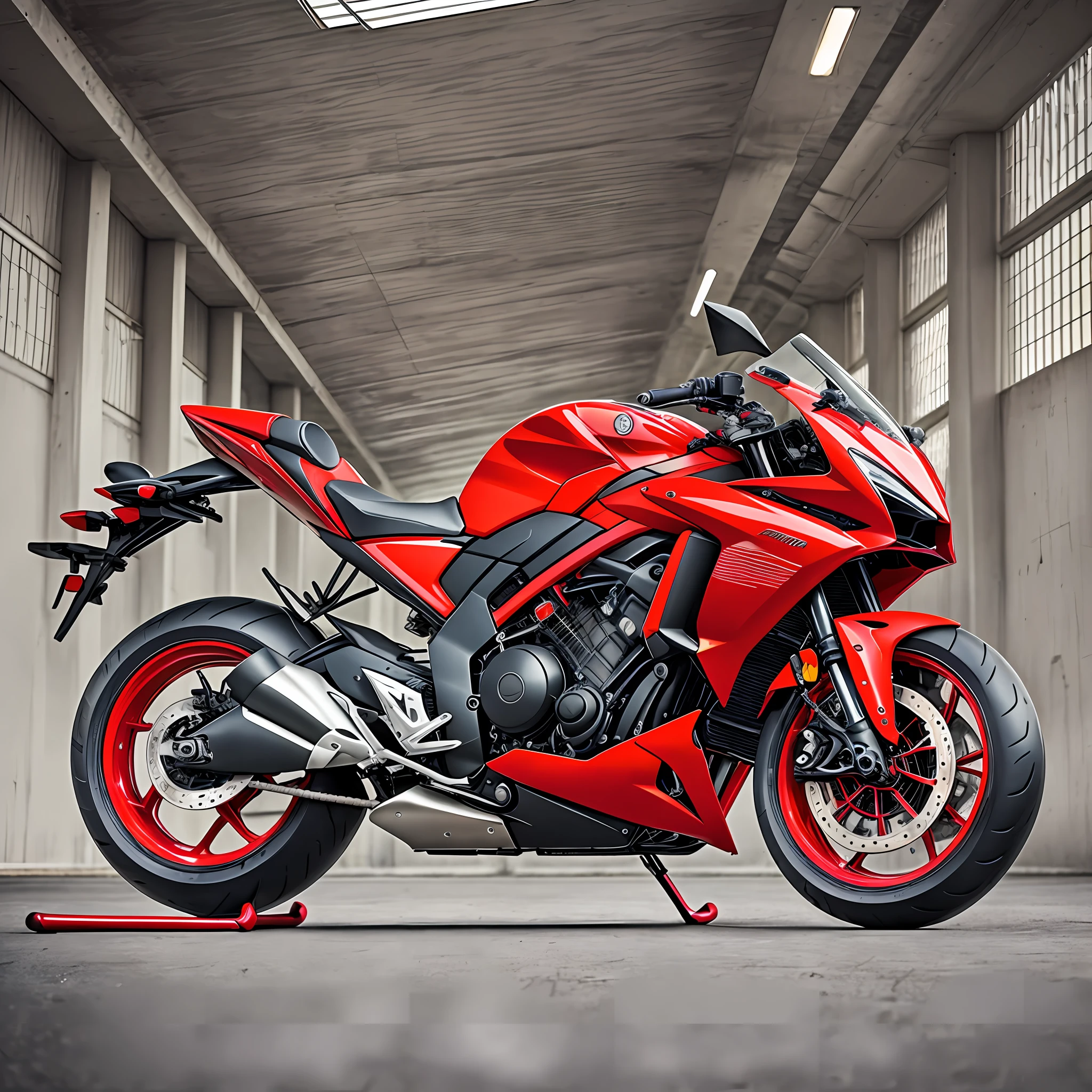 Goku Saiyan is riding Akira's iconic bike. The bike is a futuristic blend of advanced technology with an aerodynamic design. It has a bright metallic red body, with black accents and angular lines that convey a sense of speed and power.  The bike is a custom red Yamaha with a futuristic and aggressive design. It features streamlined lines and metallic details, reflecting a futuristic and technological aesthetic. The bike is a custom red Yamaha with a futuristic and aggressive design. It features streamlined lines and metallic details, reflecting a futuristic and technological aesthetic. --auto --s2