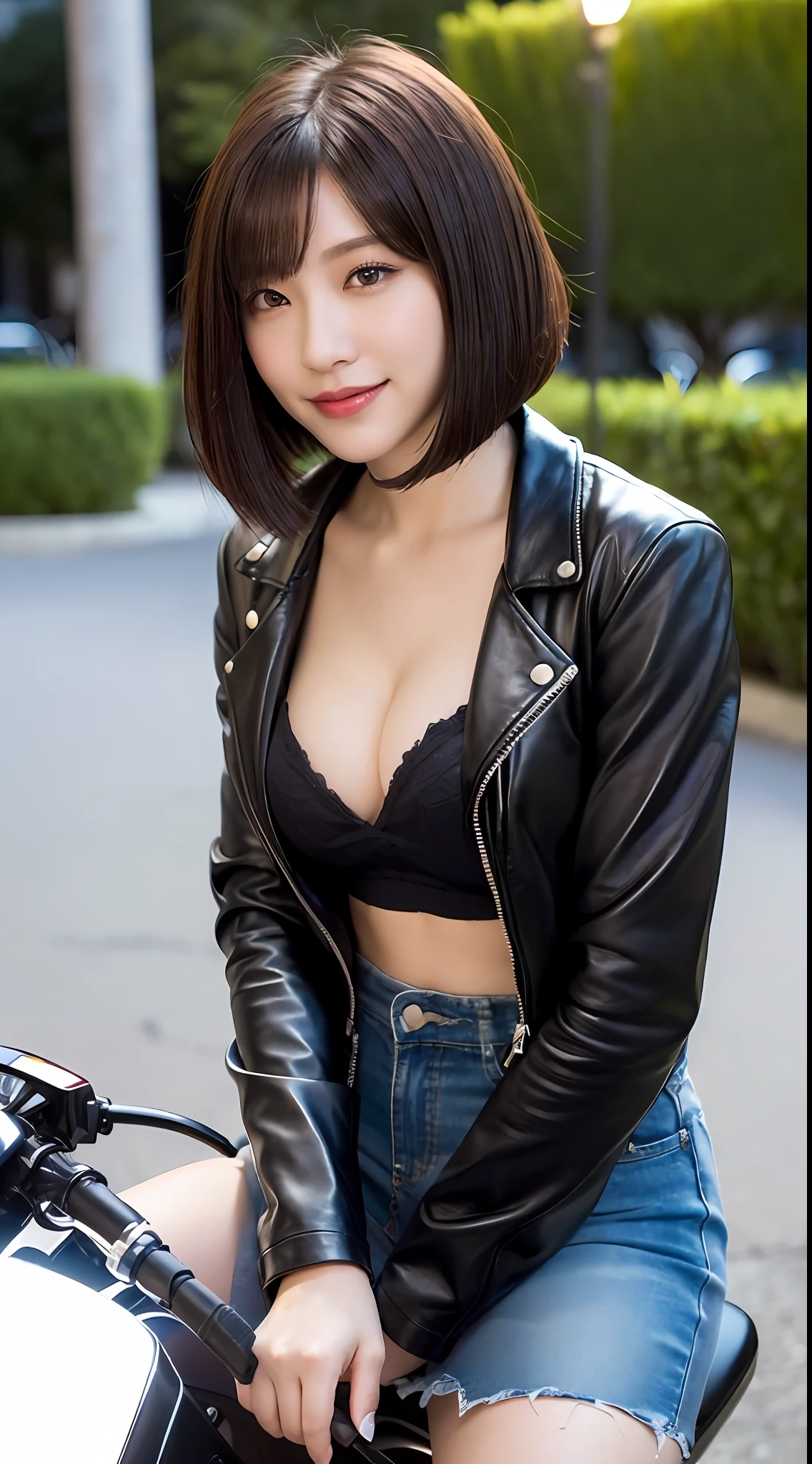 ((natural night lighting, 8k, top quality, masterpiece: 1.3)), (realistic, crisp focus: 1.2), very delicate and very cute woman: 1.4, ((one girl)), (straddling a motorcycle, straddling, motorcycle), perfect style, ultra detailed, high resolution, (tight skirt, leather riders jacket: 1.1), (dark brown hair, short, Bob Cut Hair: 1.2), cleavage, (big, full body: 1.3), Highly detailed face and skin texture, Highly detailed lip texture, Red lips, Beautiful detailed eyes, Smile, Glossy lips, Eye makeup, Slender abs: 1.2, street, night, realistic shadows, angle from behind