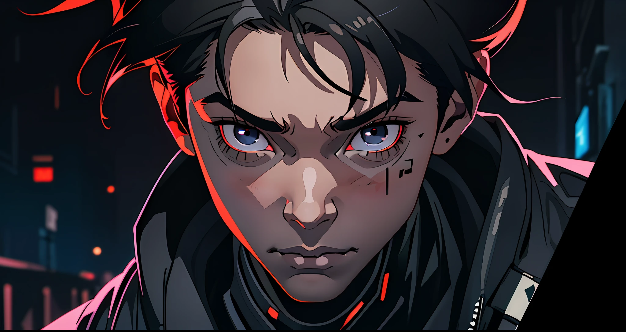 (best quality, masterpiece), Cyberpunk, 1boy, blurred dark alley background, dark and gloomy trash alley, modern, skz Hyunjin, black hair, short hair, dark gray eyes, man, guy, scratch on face, viewer look, close-up of face