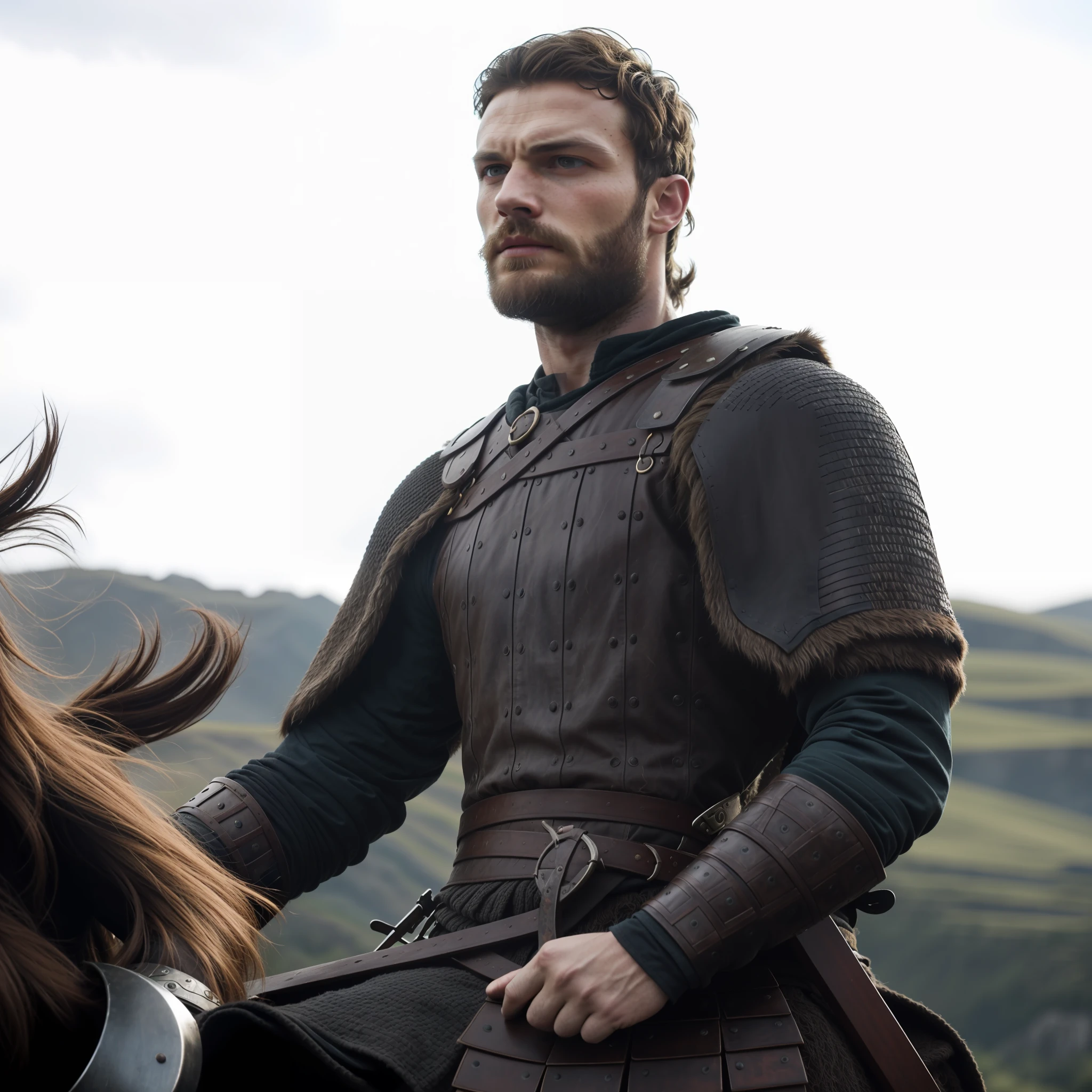 Create a Viking warrior, Jamie Dornan, very handsome and attractive, strong and muscular, dark short hair, tan, dark beard, 8k resolution, best quality, similar to actor Jamie Dornan, cliffs, close up, attack pose and attitude.