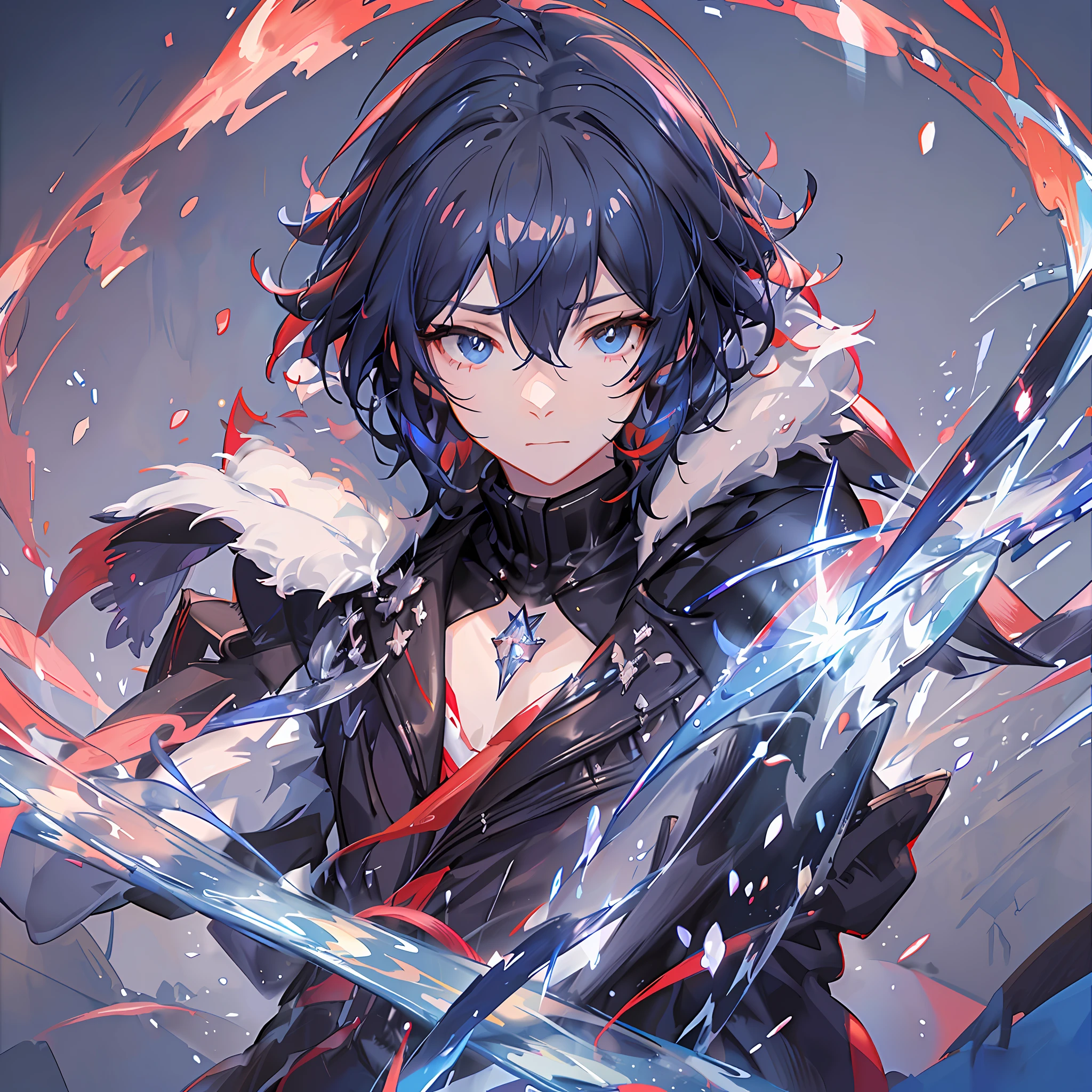 Japanese anime style, in battle, boy, alone, thunder attribute, assassin, mirror, crystal, red and blue eyes, masterpiece, best quality, rendering, wide angle, bust, streamer effect, particle light effect