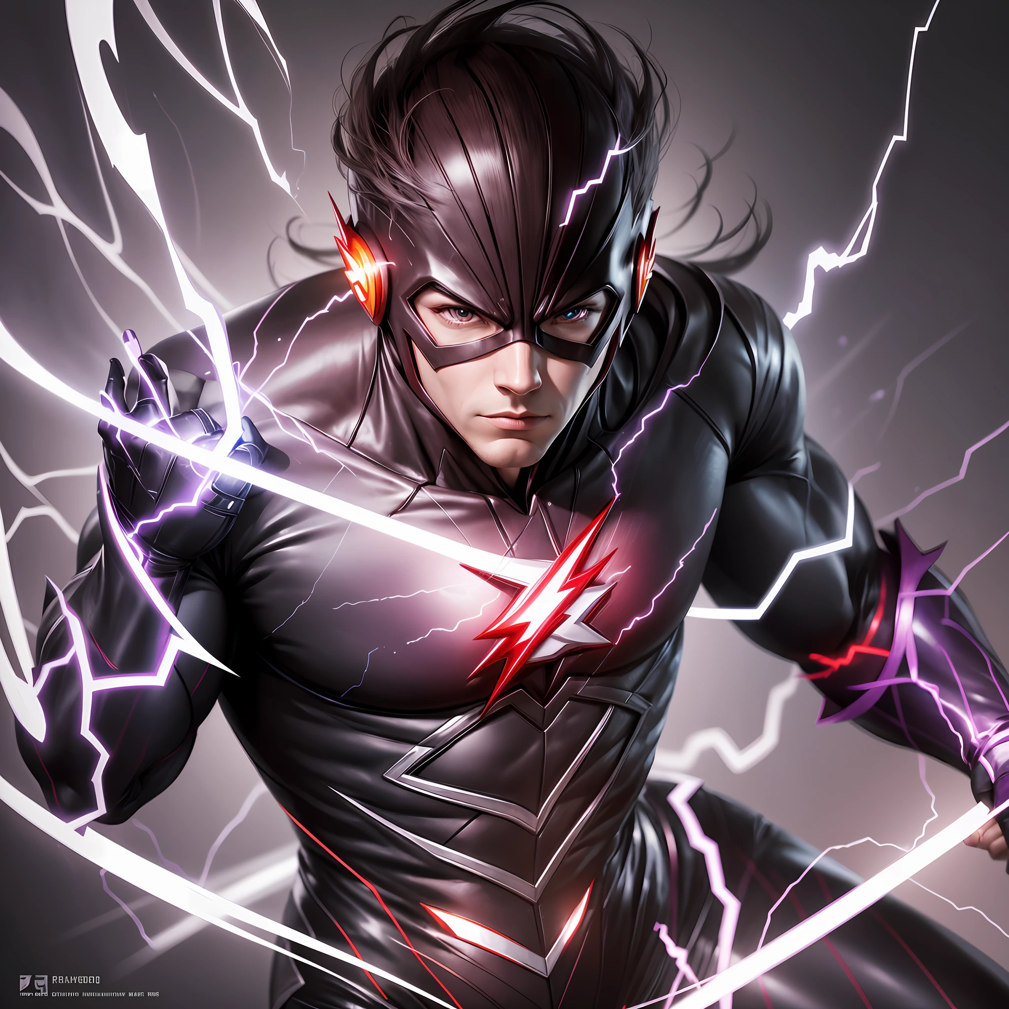 create an image of the superhero "The Flash", his trage with the colors, white, black, red, the ray on his chest of silver color, his eyes of violet color, ultra realistic, with more detailed exposure, add effect on his uniform